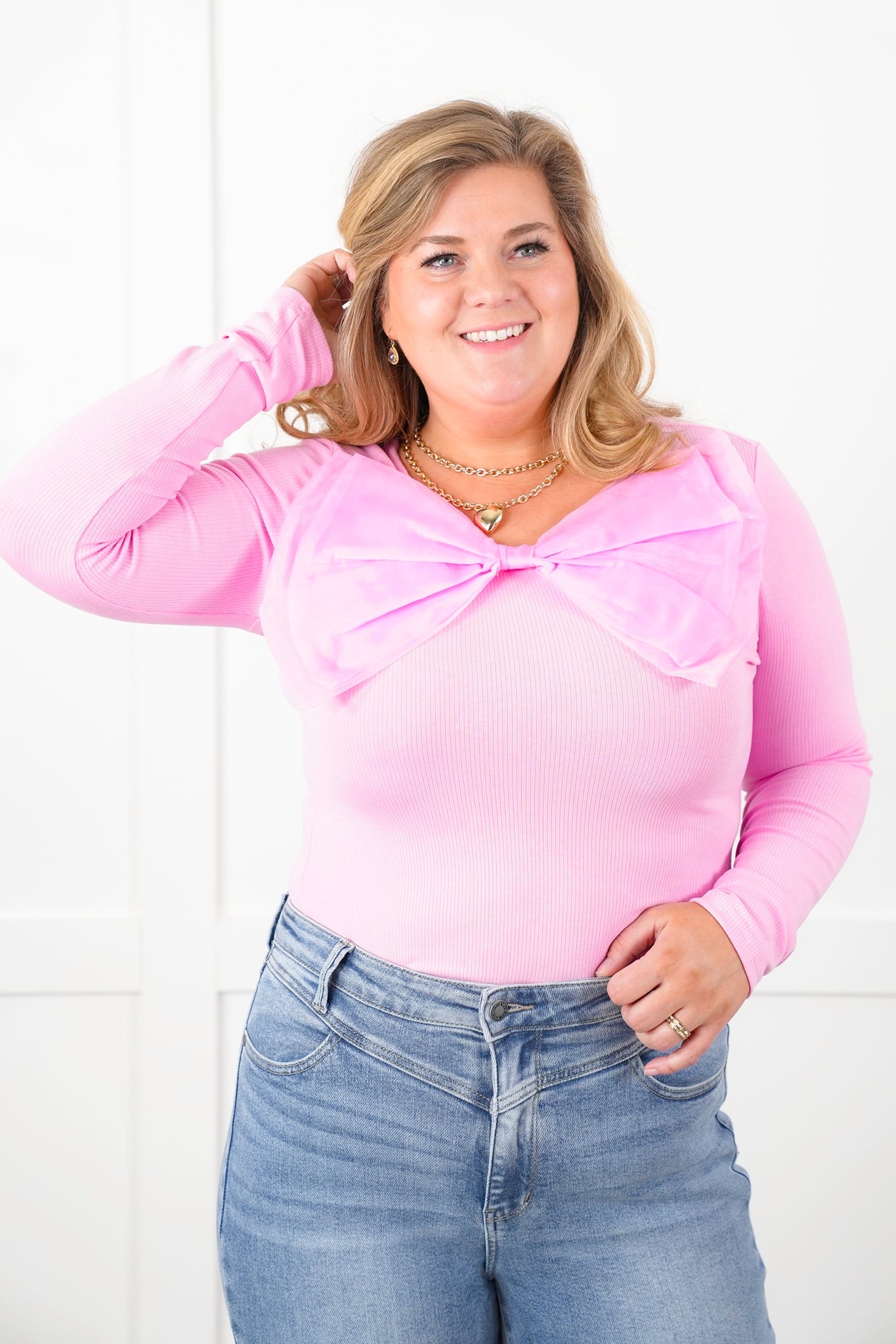 Ribbed Knit Long Sleeve Top with Ogranza Bow Detail
