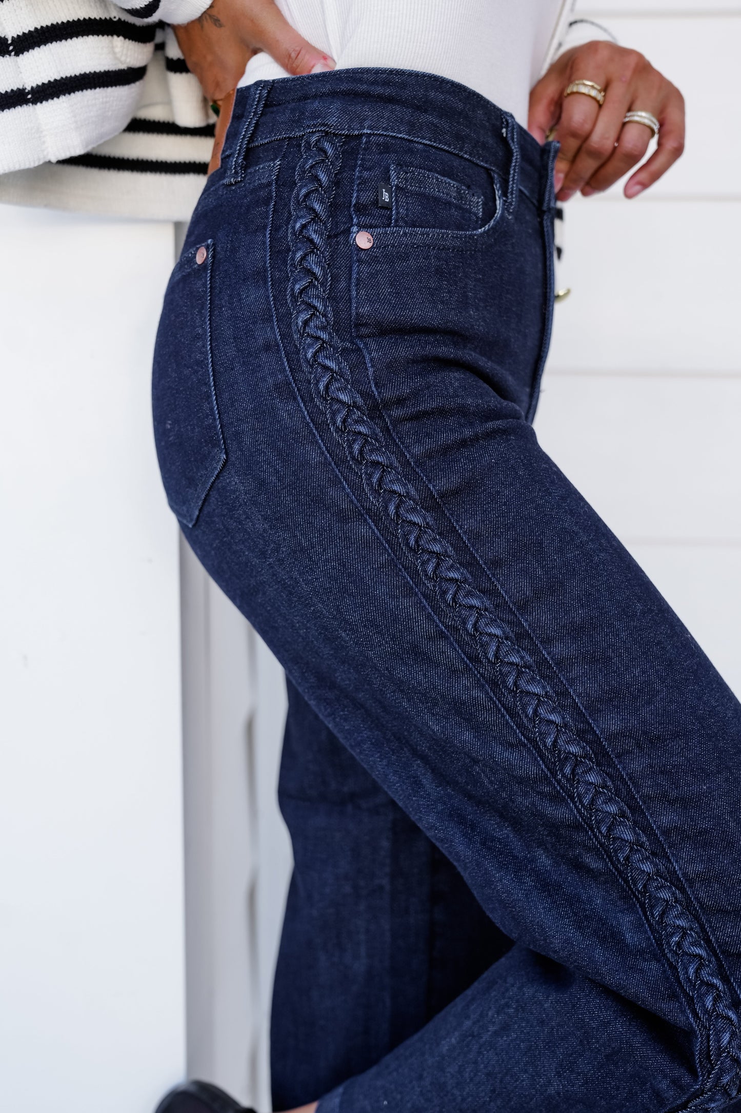 Judy Blue High Rise Dark Wash Cropped Jeans with Side Seam Braid Detail