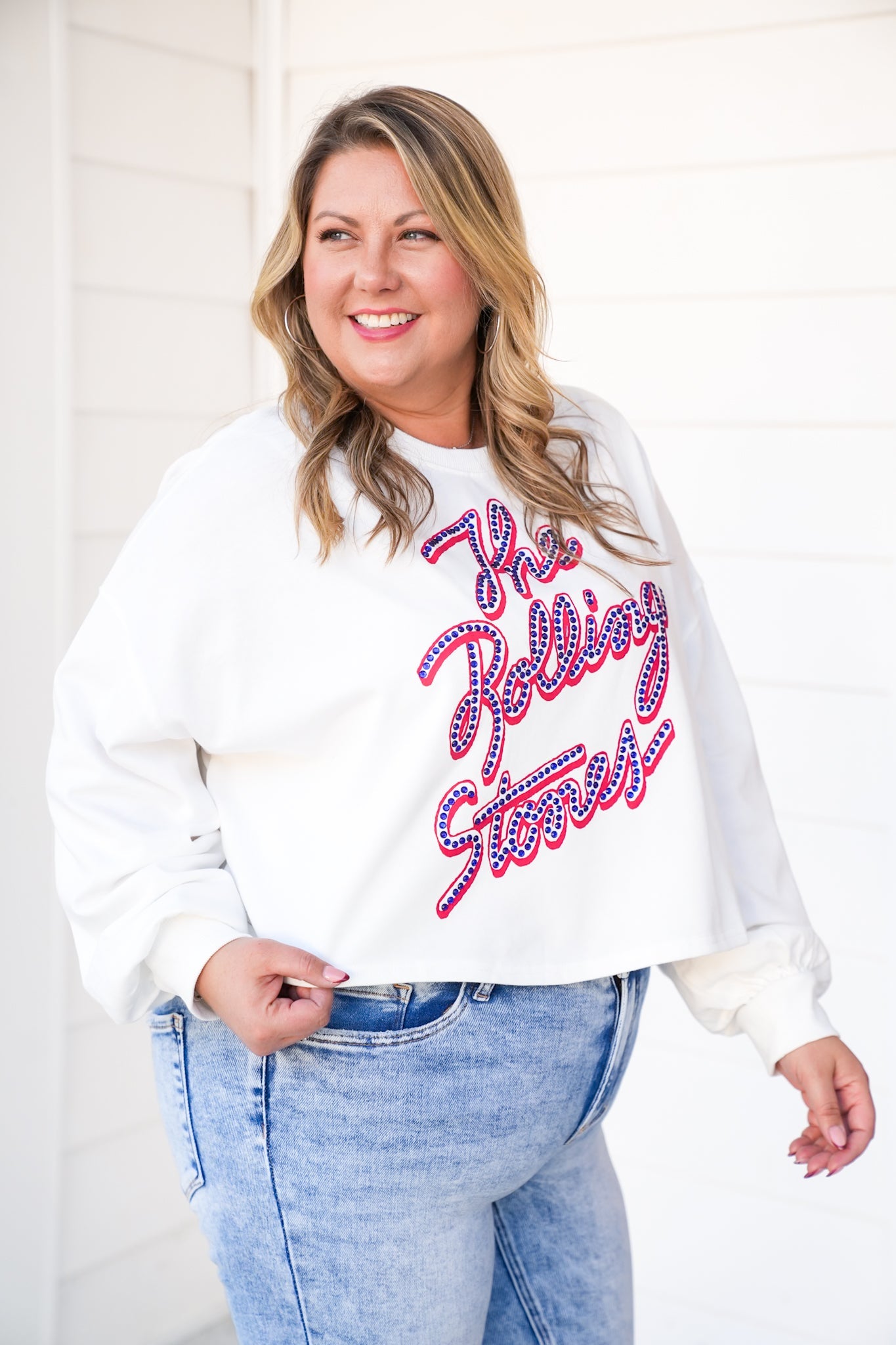 Rhinestone "The Rolling Stones" Long Sleeve Cropped Sweatshirt