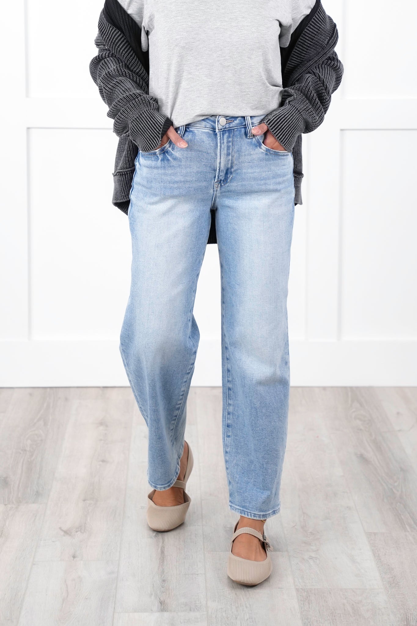 Risen High Rise Light Wash Ankle Barrel Jeans with Cuff