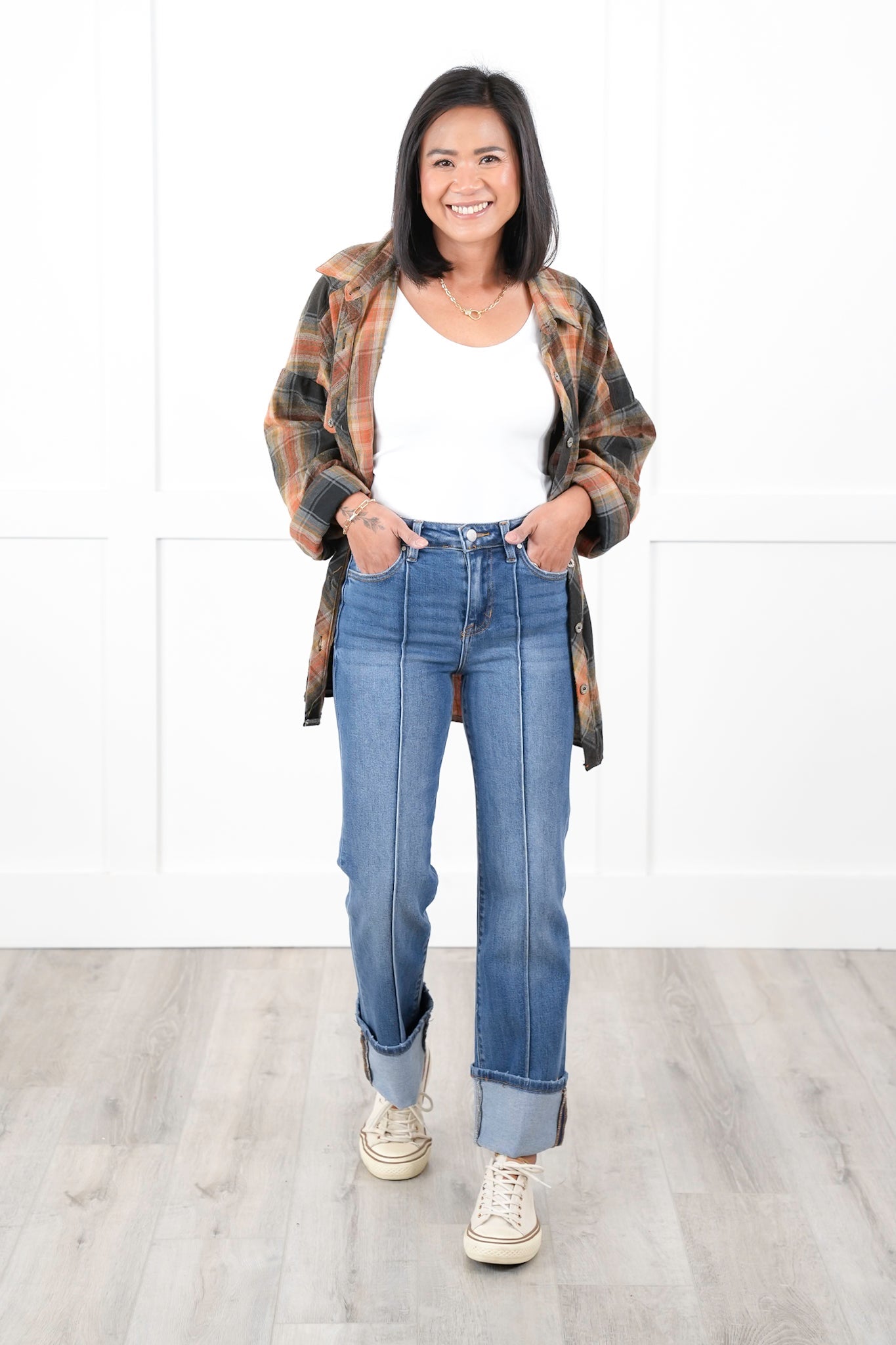 Risen High Rise Medium Wash Wide Leg Straight Cuffed Ankle Jeans