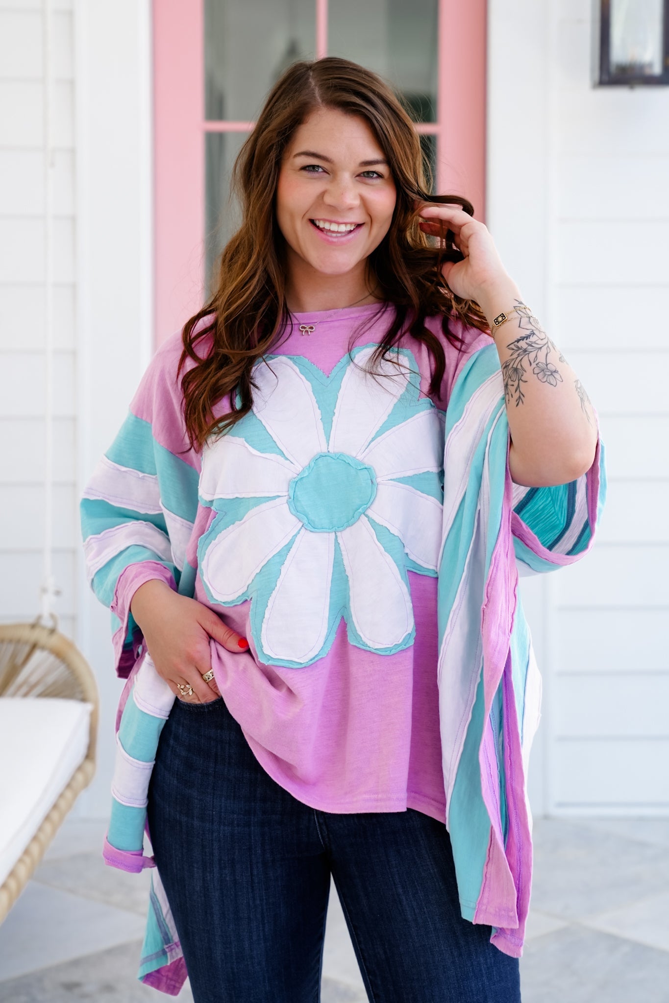 Color Block Flower Patch Long Sleeve Poncho Top