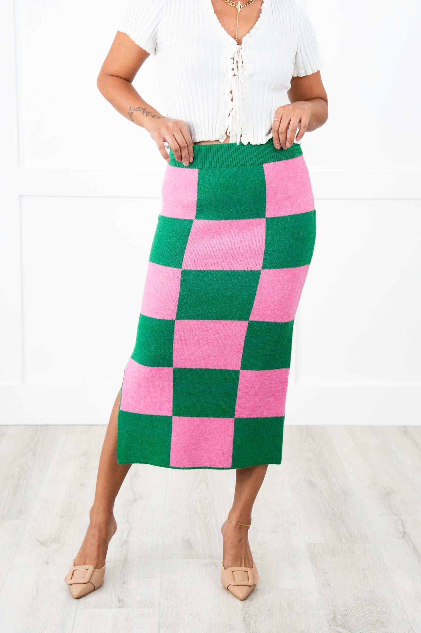 Restock! Plus/Reg Checkered Pencil Midi Sweater Skirt