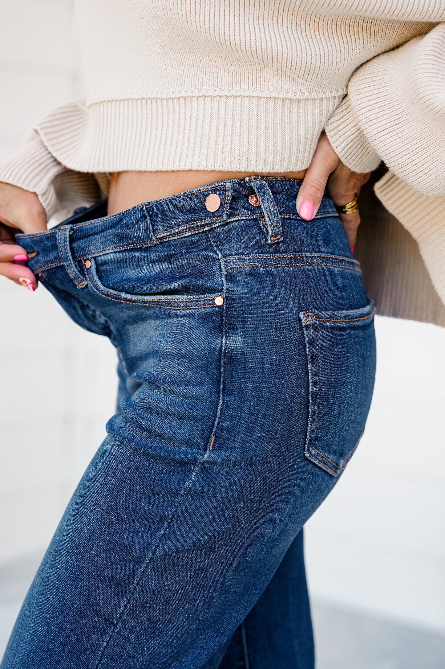 Risen High Rise Dark Wash Tummy Control Wide Leg Jeans With Adjustable Waistband