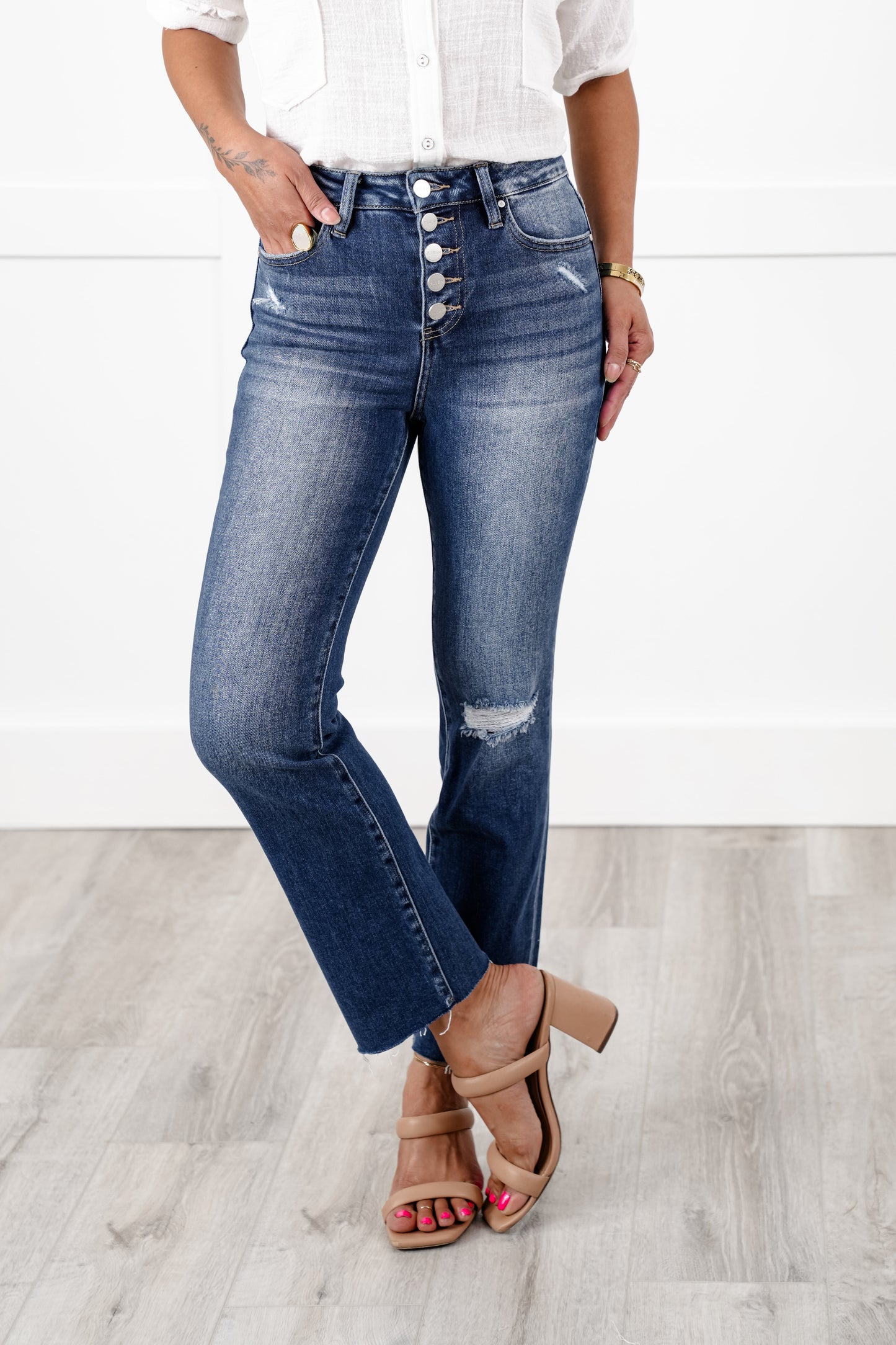 Risen High Rise Dark Wash Distressed Button Fly Straight Cropped Leg Jeans