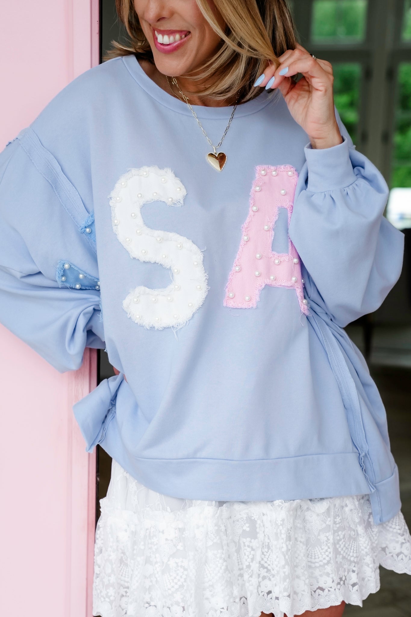 Long Sleeve "USA" Patch Pullover with Pearl Detail