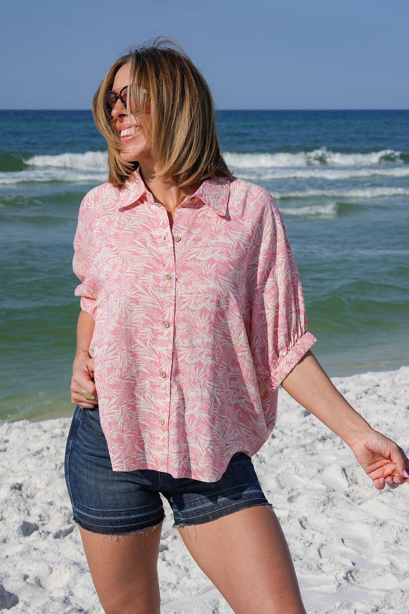 Tropical Print Short Doman Sleeve Button Down Top with Back Cut Out Detail