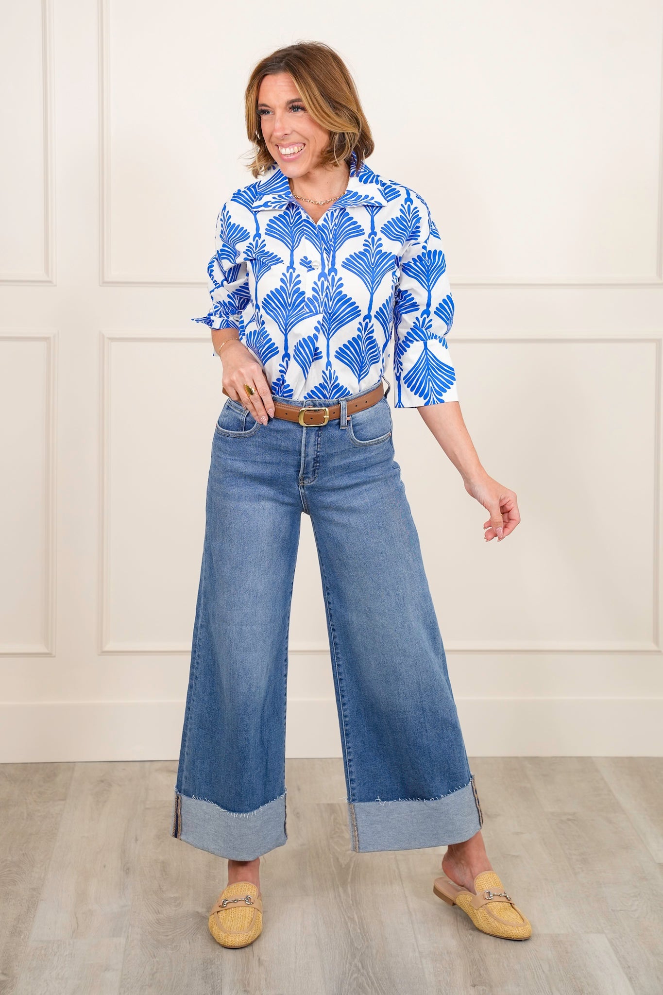 Print 3/4 Sleeve Button Up Wide Collar Top
