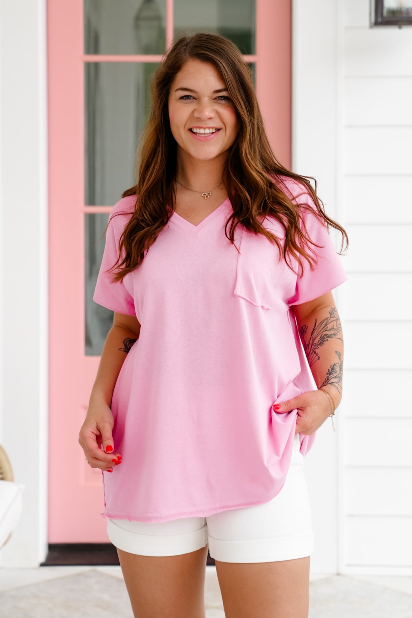 POL Short Sleeve V-Neck Top with Chest Pocket