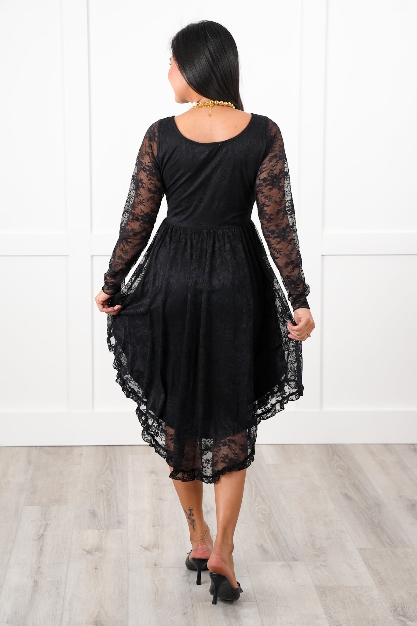 Black Lace Long Sleeve Layered Midi Dress