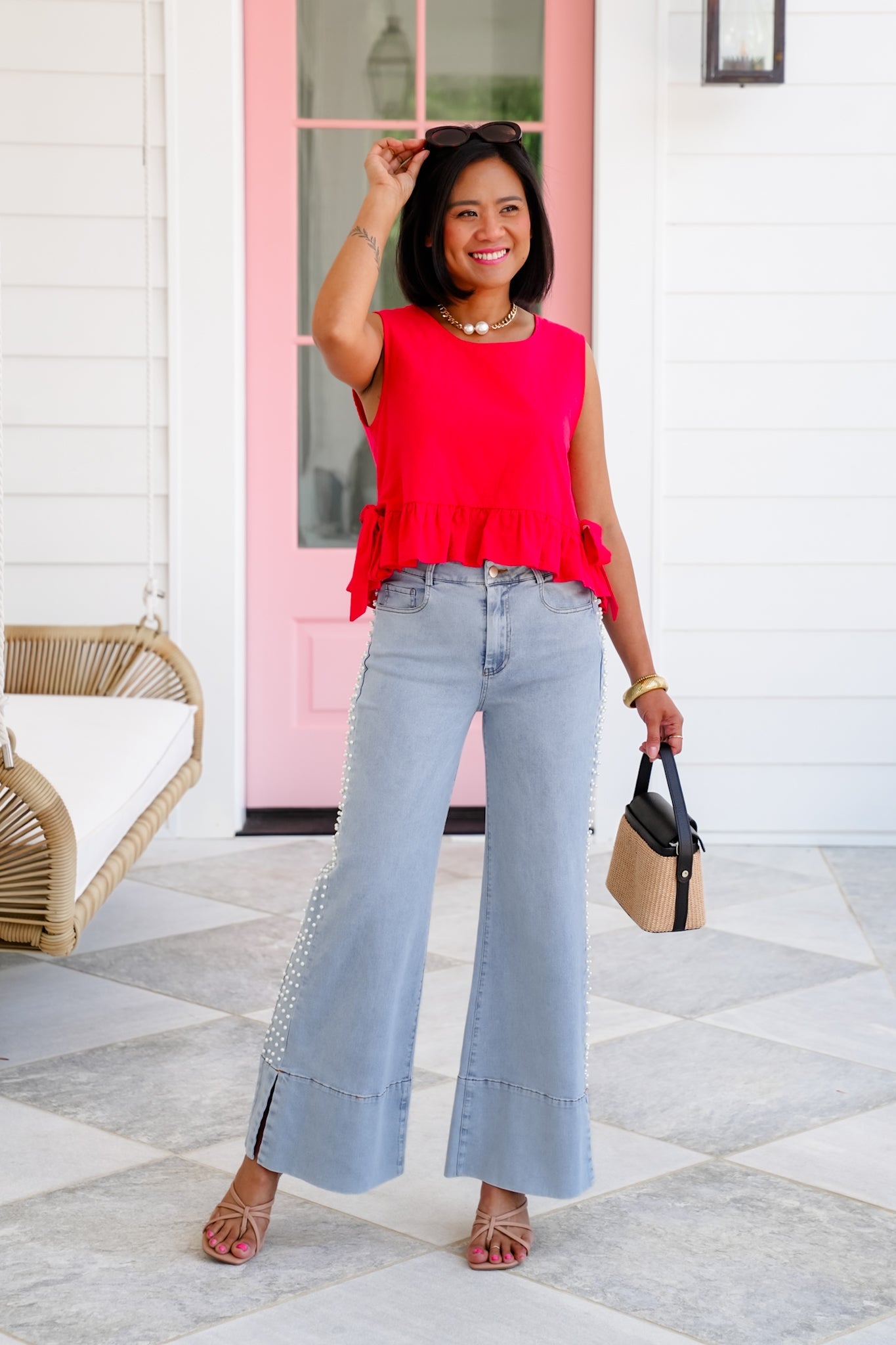 Light Denim Mid Rise Flared Leg Jeans with Pearl Detail