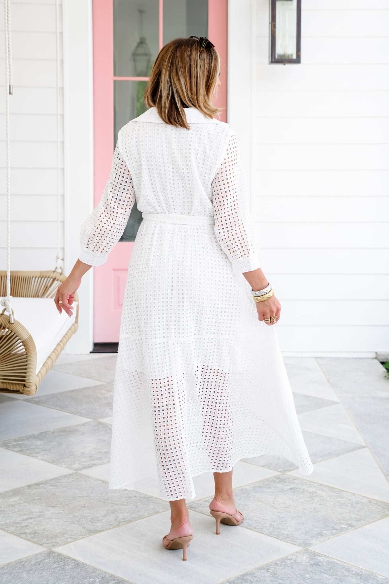 Plus/Reg White Eyelet V Neck Wrap Hi-Low Dress