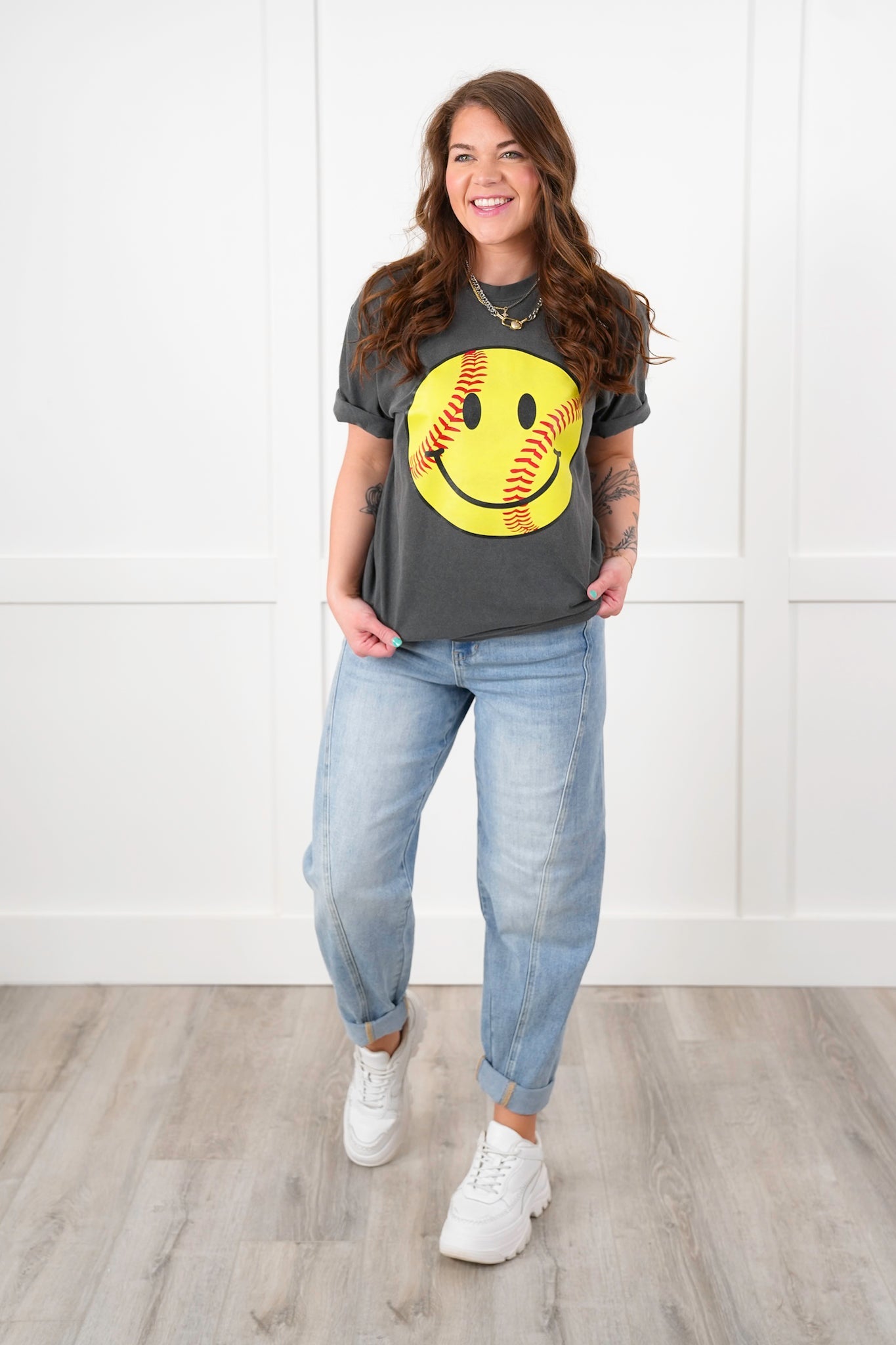 Plus/Reg Short Sleeve Softball Happy Face Graphic Tee