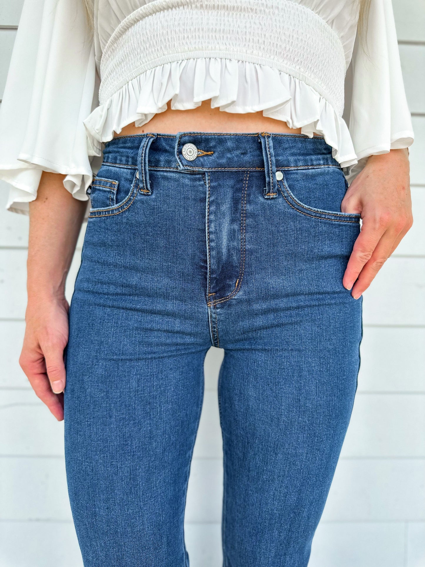 Judy Blue Triple Threat High Rise Medium Wash Cool Denim Tummy Control Top Flare Jeans