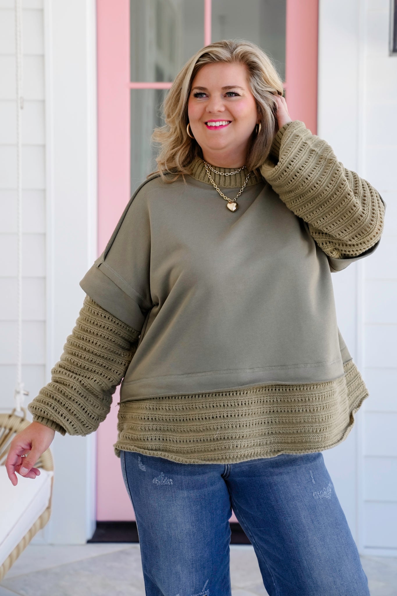 Plus/Reg Knit Layered Long Sleeve Round Neck Sweater