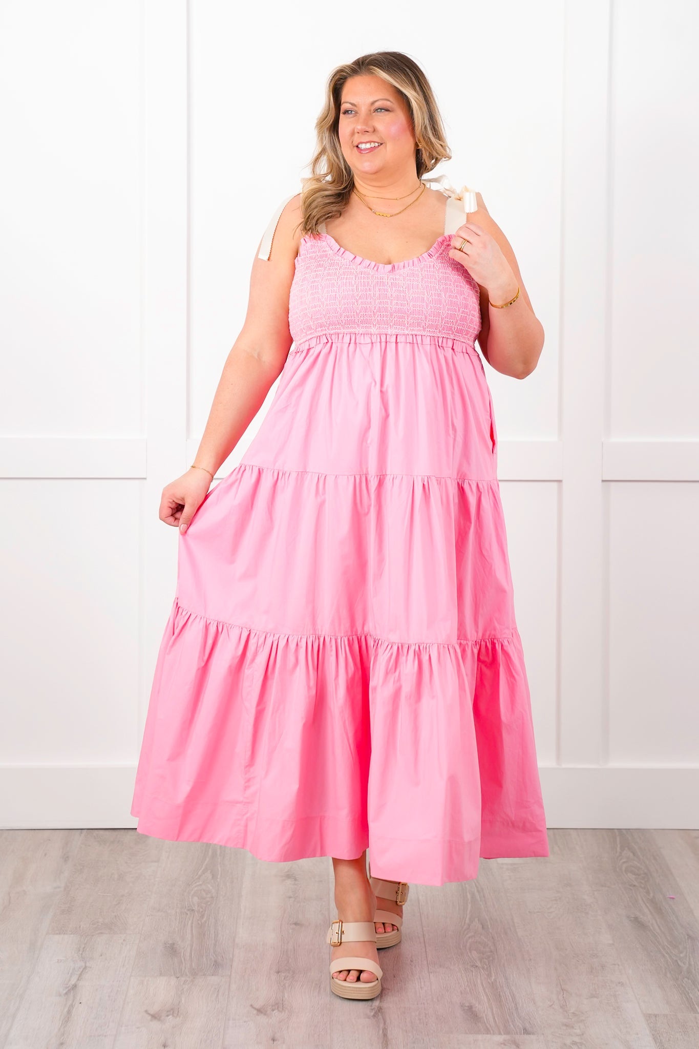 Plus/Reg Smocked Sweetheart Neckline Tiered Maxi Dress