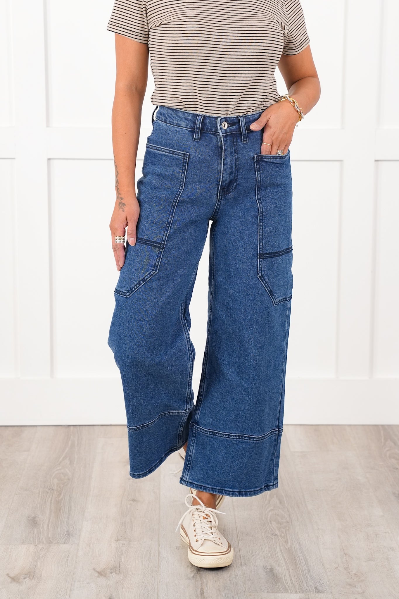Special A High Rise Dark Wash Cropped Wide Leg Jeans with Extra Large Pockets