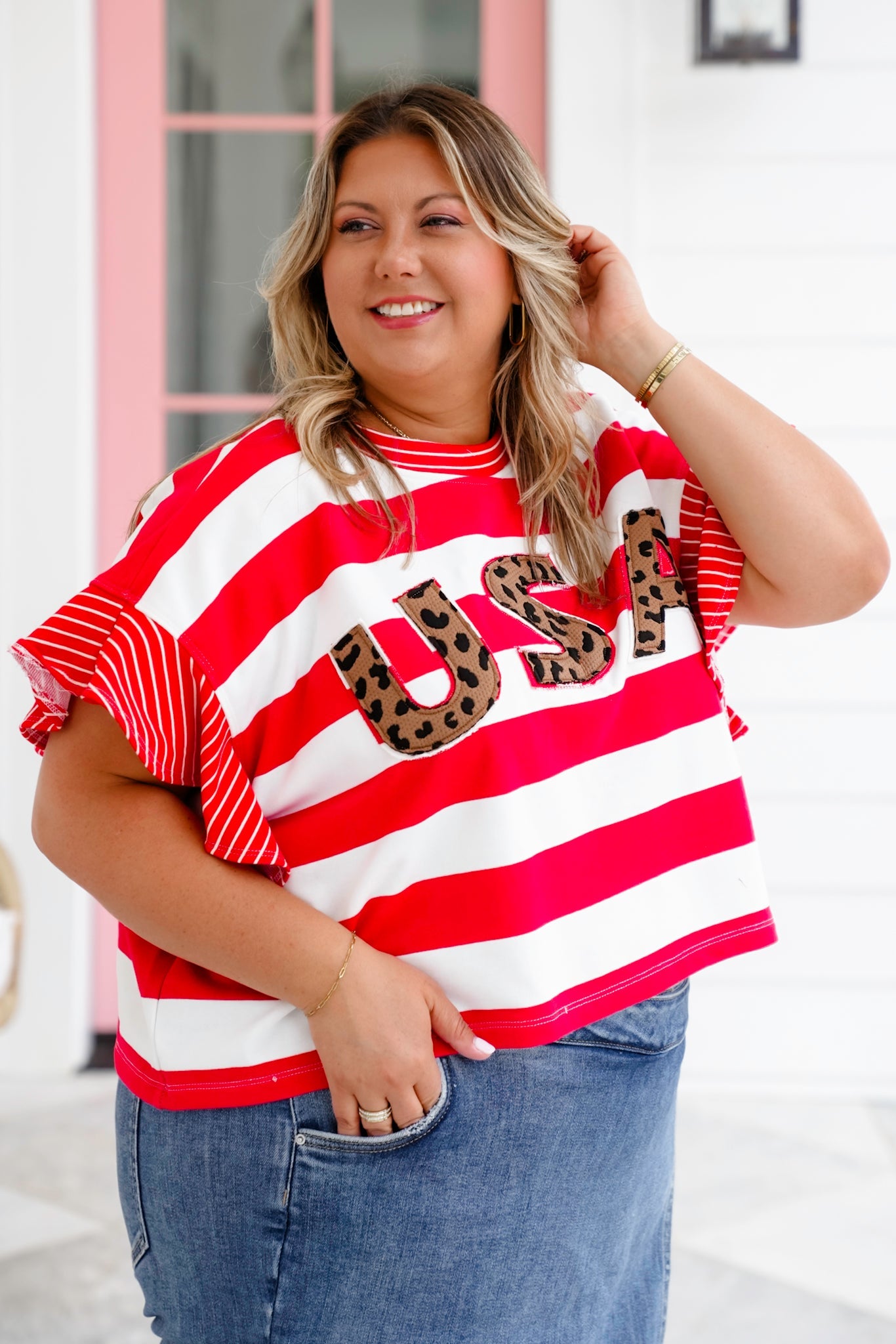 Stripe Ruffle Sleeve Top with Leopard "USA" Detail