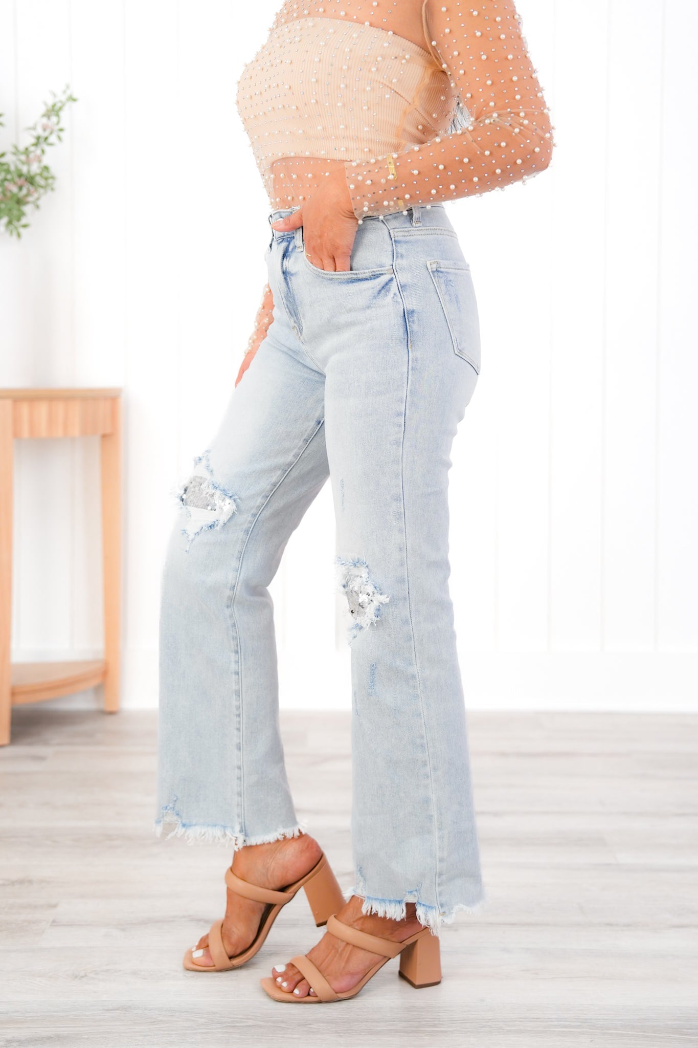 Risen High Rise Acid Wash Sequin Knee Patches Relaxed Straight Leg Jeans