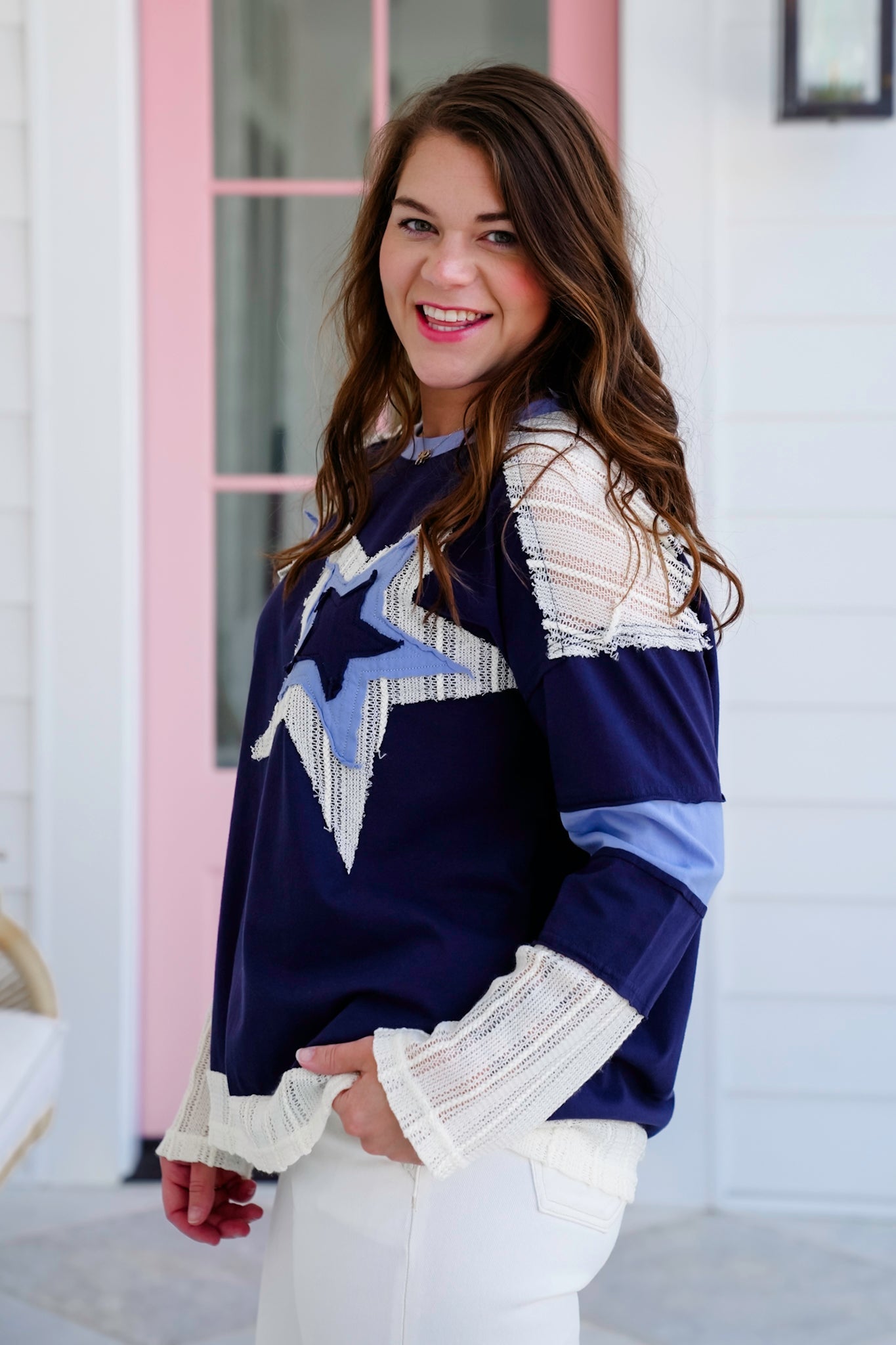 Long Sleeve Round Neck Top with Star Patch Detail