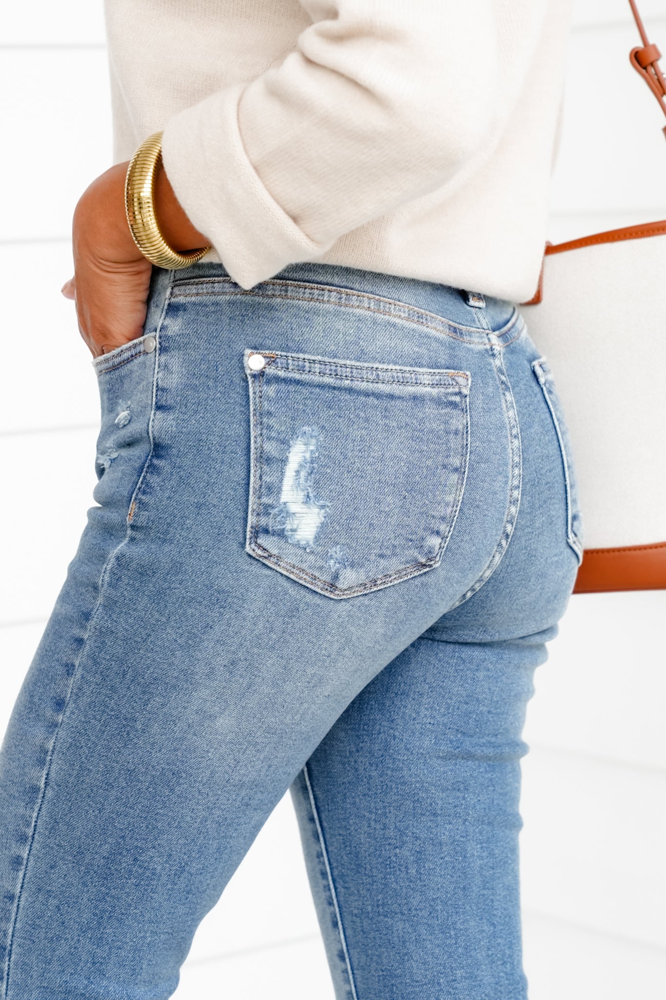 Restock Judy Blue Mid Rise Medium Wash Distressed Released Hem Bootcut Jeans