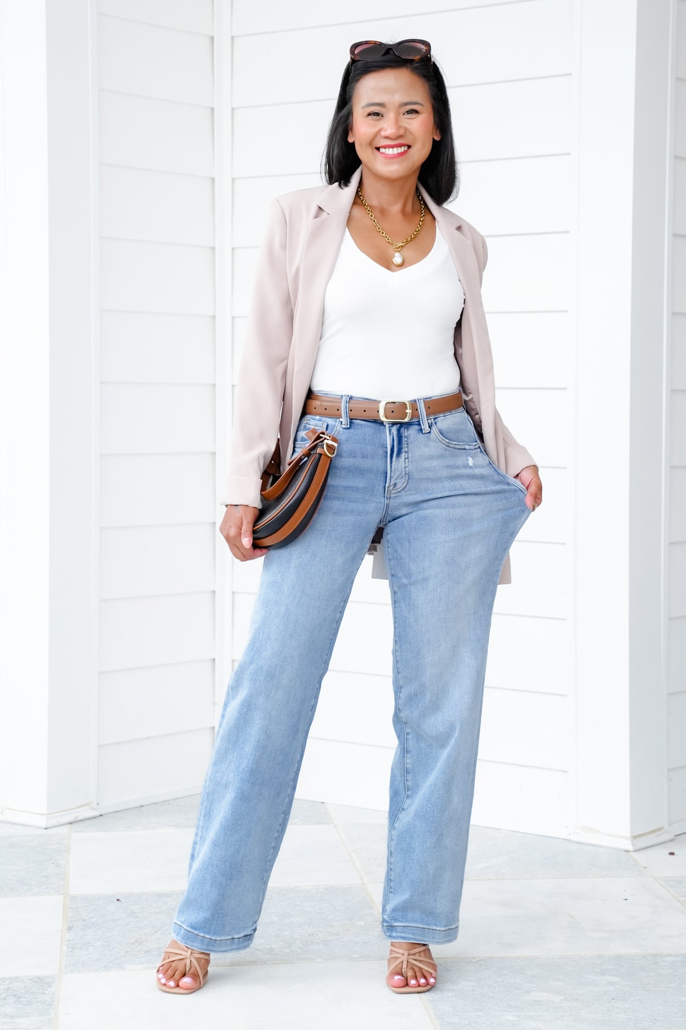 Risen Mid Rise Light Wash Tummy Control Elastic Waistband Wide Leg Jeans