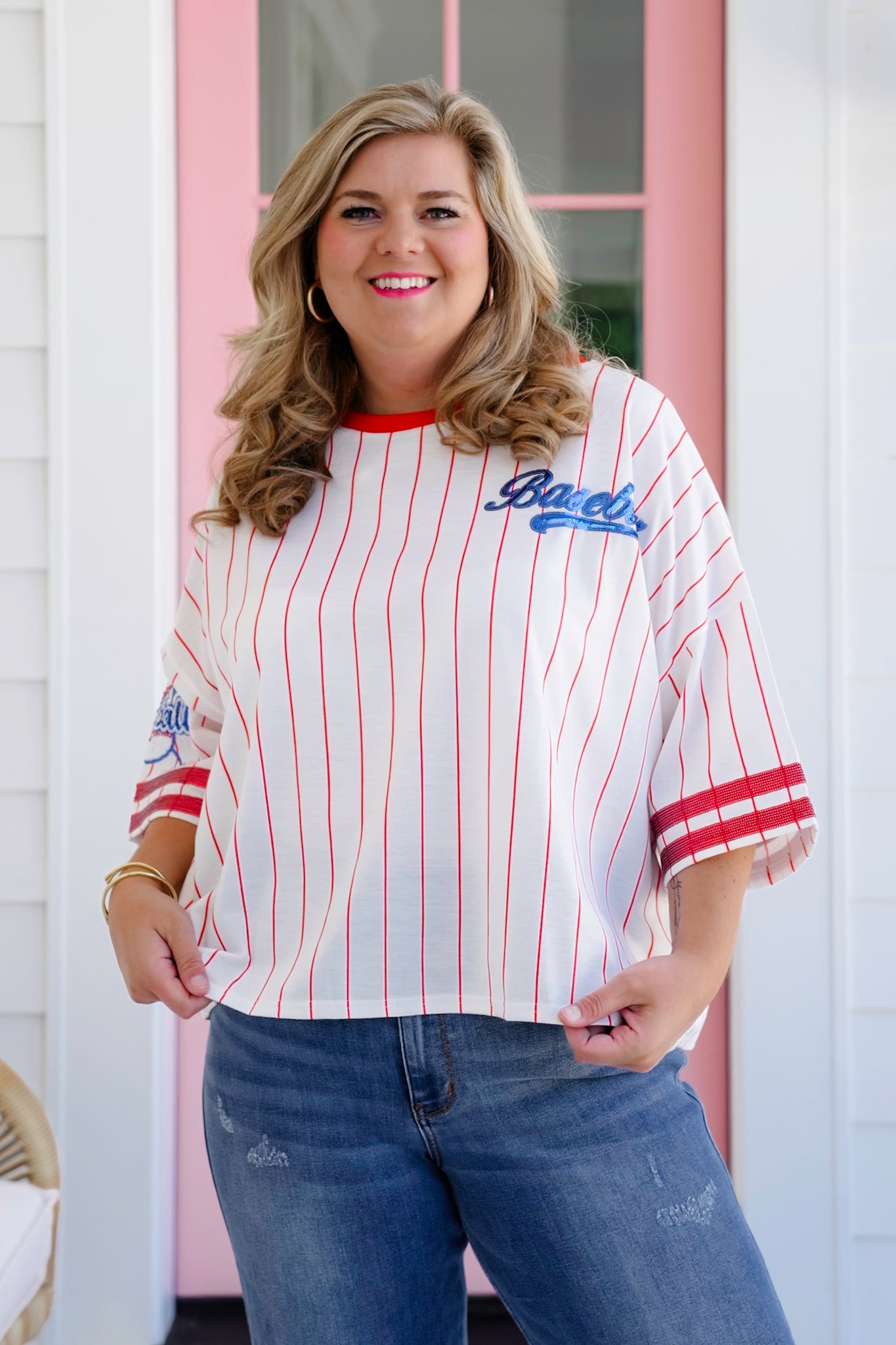 Stripe Short Sleeve Baseball Top with Sequin Detail