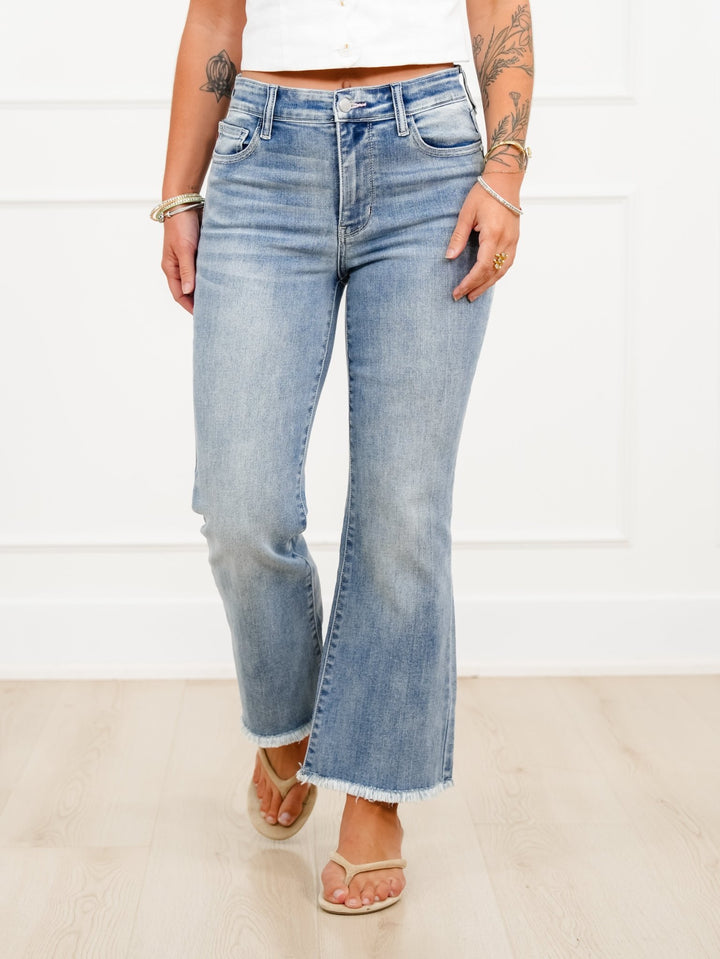 Judy Blue Mid Rise Light Wash Frayed Hem Kick Flare Jeans - Freckled Poppy