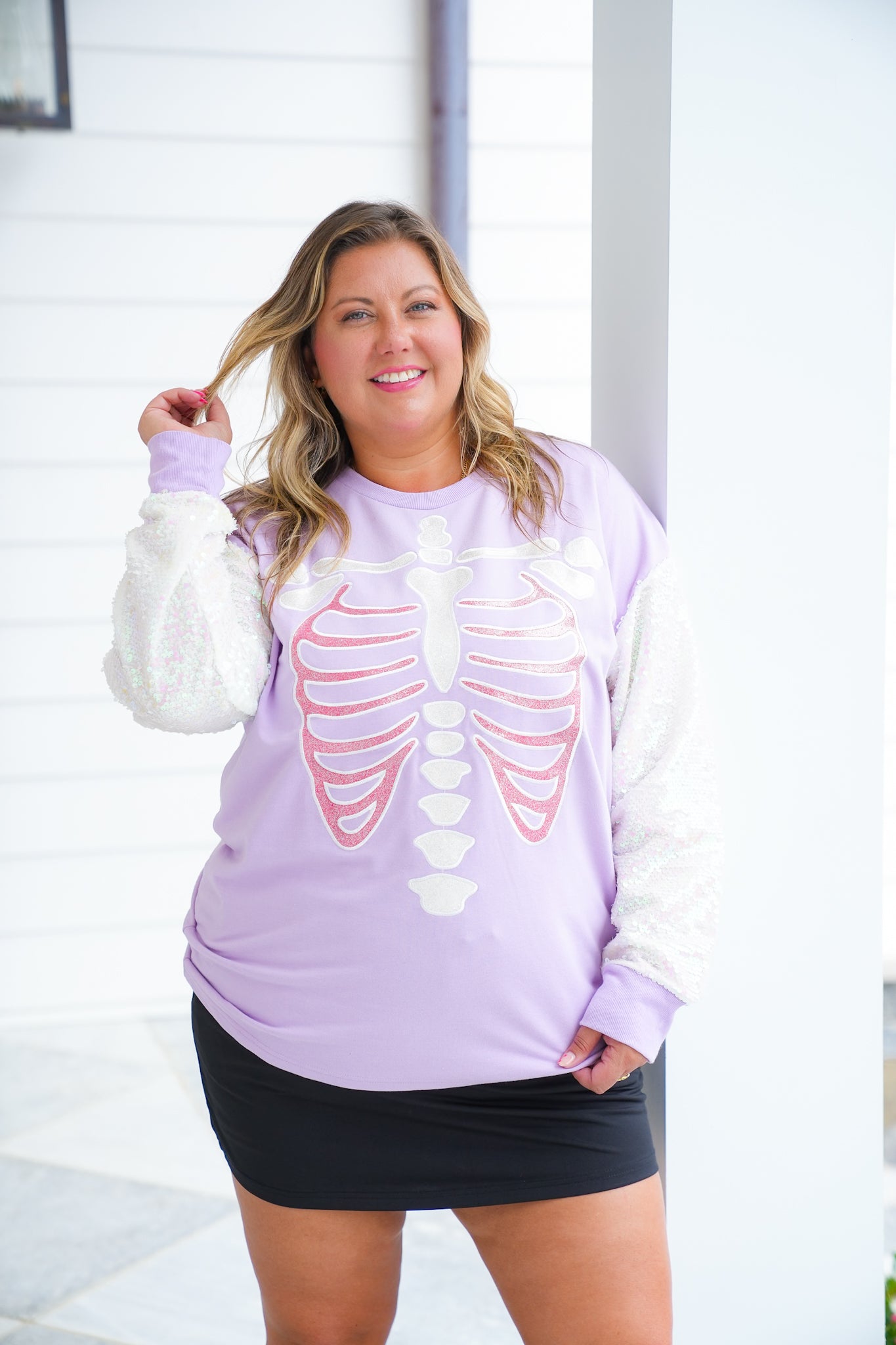 Plus/Reg Glitter Skeleton Long Sleeve Top with Sequins