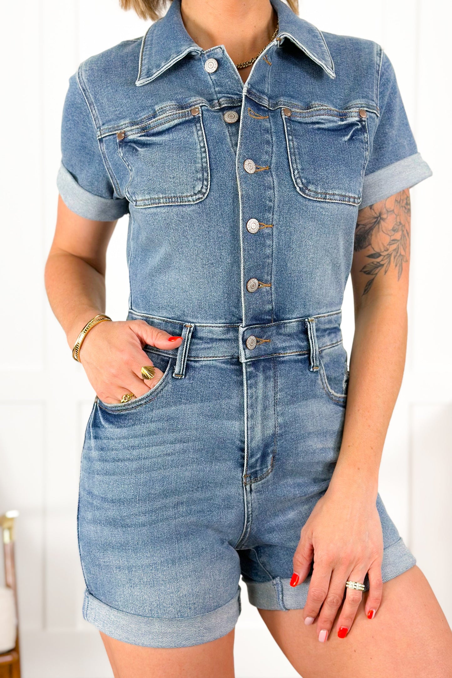 Plus/Reg Wildflower Judy Blue Denim Short Sleeve High Waist Romper