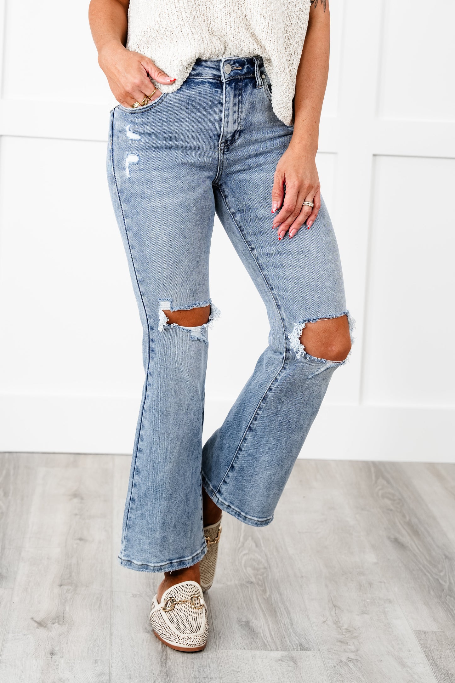 Risen Dressed to Impress High Rise Medium Wash Distressed Knee Ankle Flare Jeans