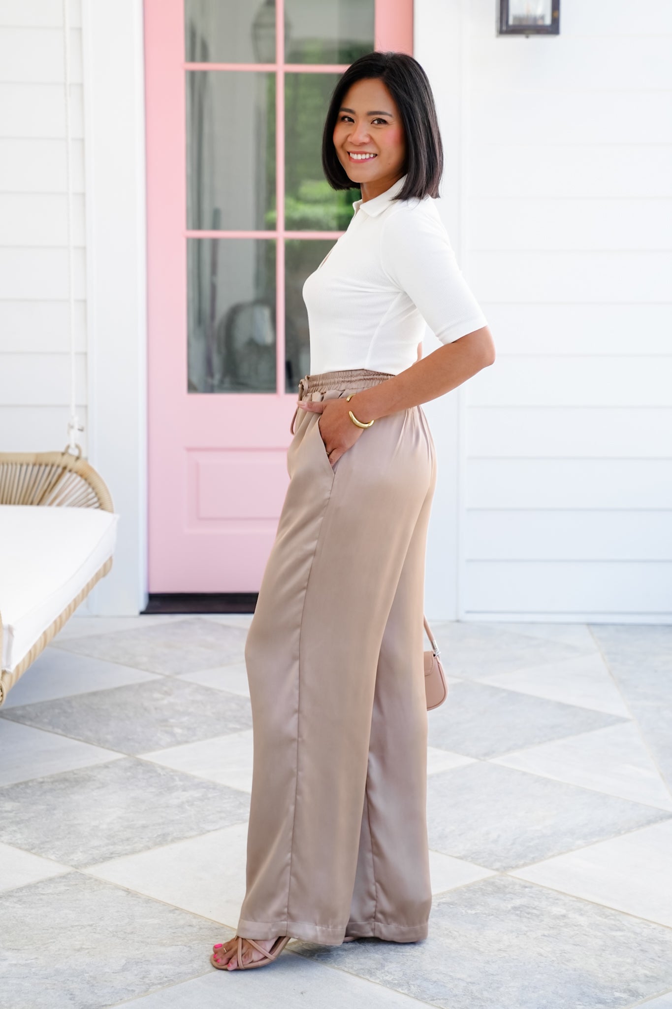 Satin Elastic High Waist Wide Leg with Side Pockets