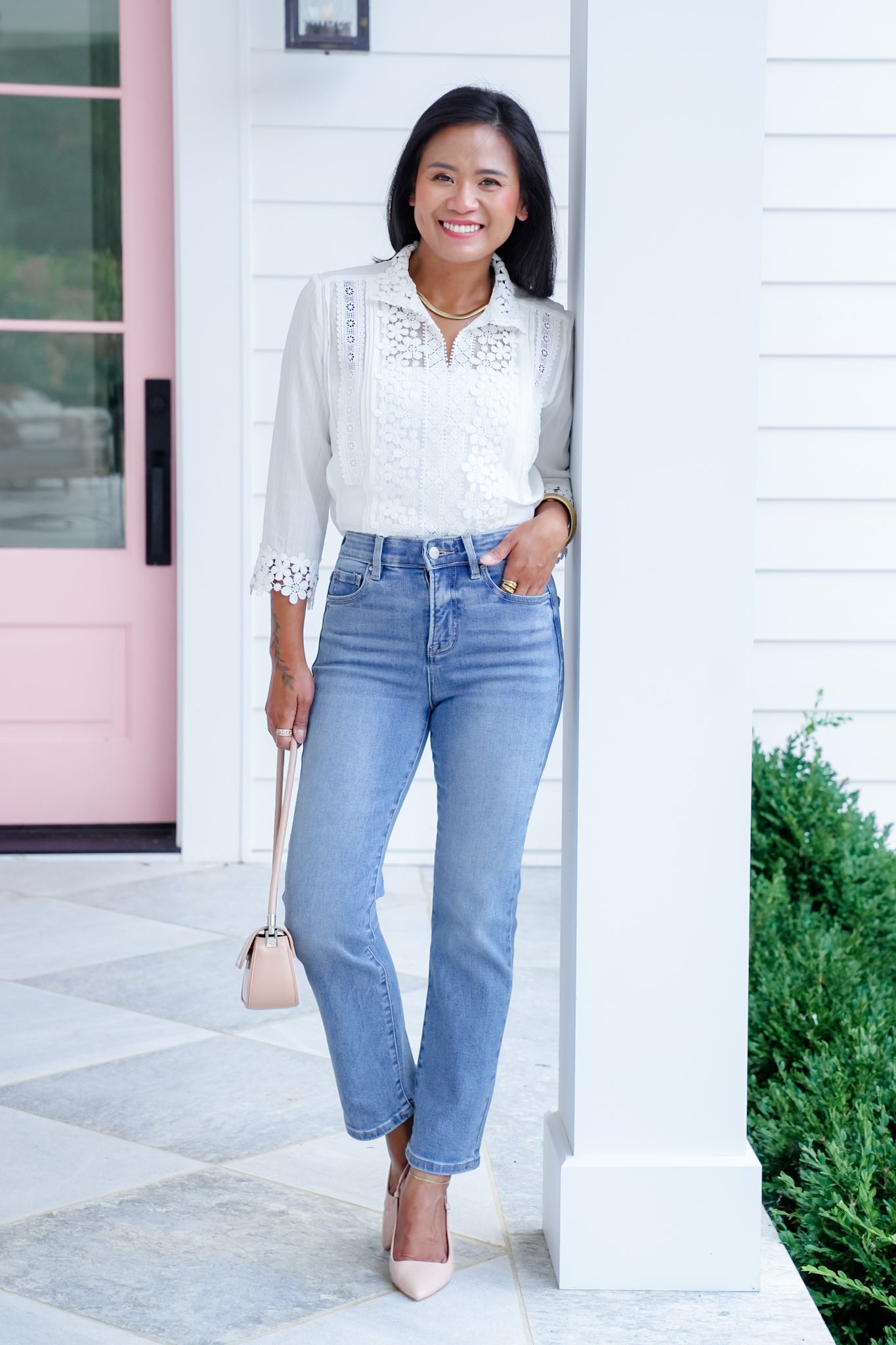 Risen High Rise Medium Wash Tummy Control Elastic Waistband Cropped Straight Leg Jeans