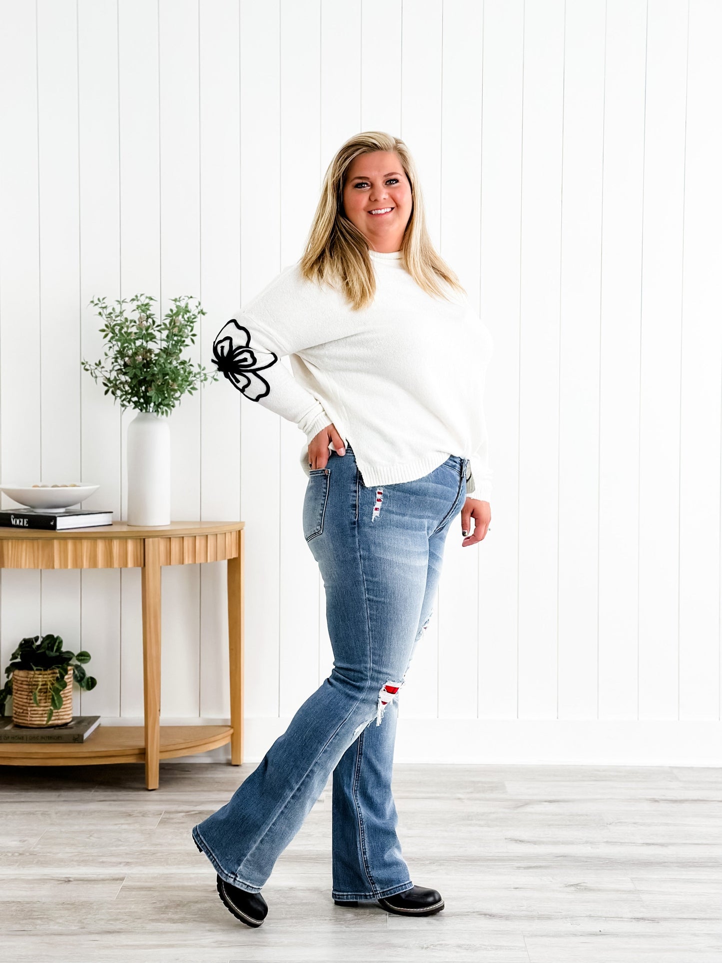 Judy Blue Plaid for You Mid Rise Medium Wash Bootcut Jeans With Patch Detail