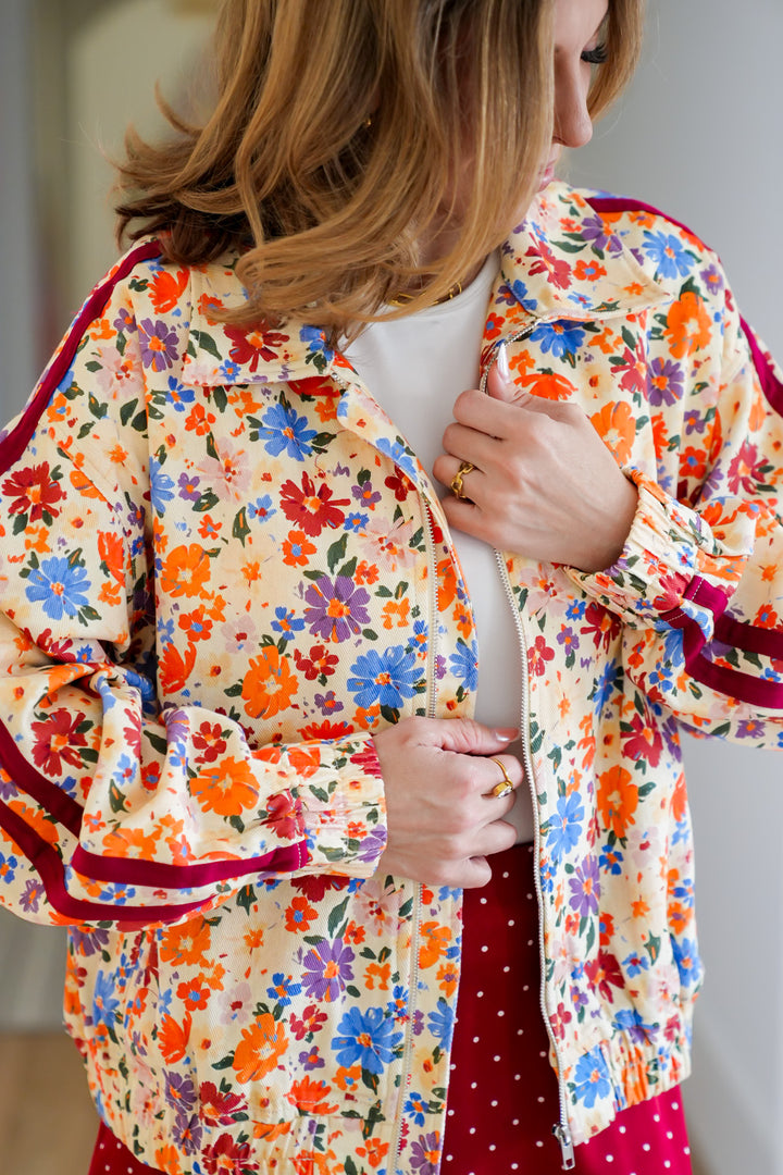 Plus/Reg Floral Long Sleeve Zip-Up Bomber Jacket