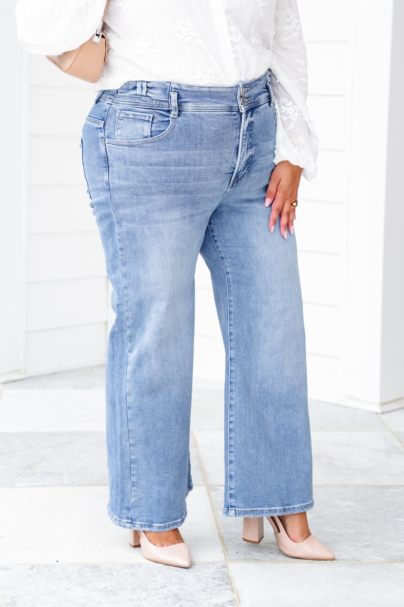 Risen High Rise Medium Wash Tummy Control Crop Wide Leg Jeans with Bow Detail