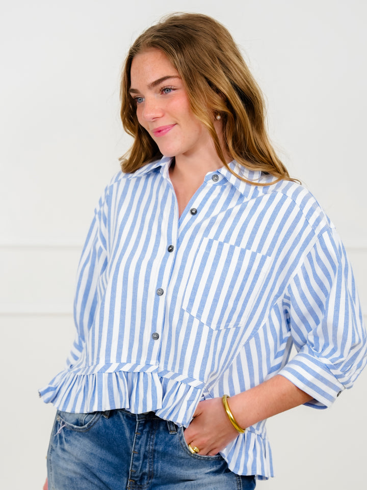 Striped 3/4 Sleeve Button Down Top with Ruffle Hem