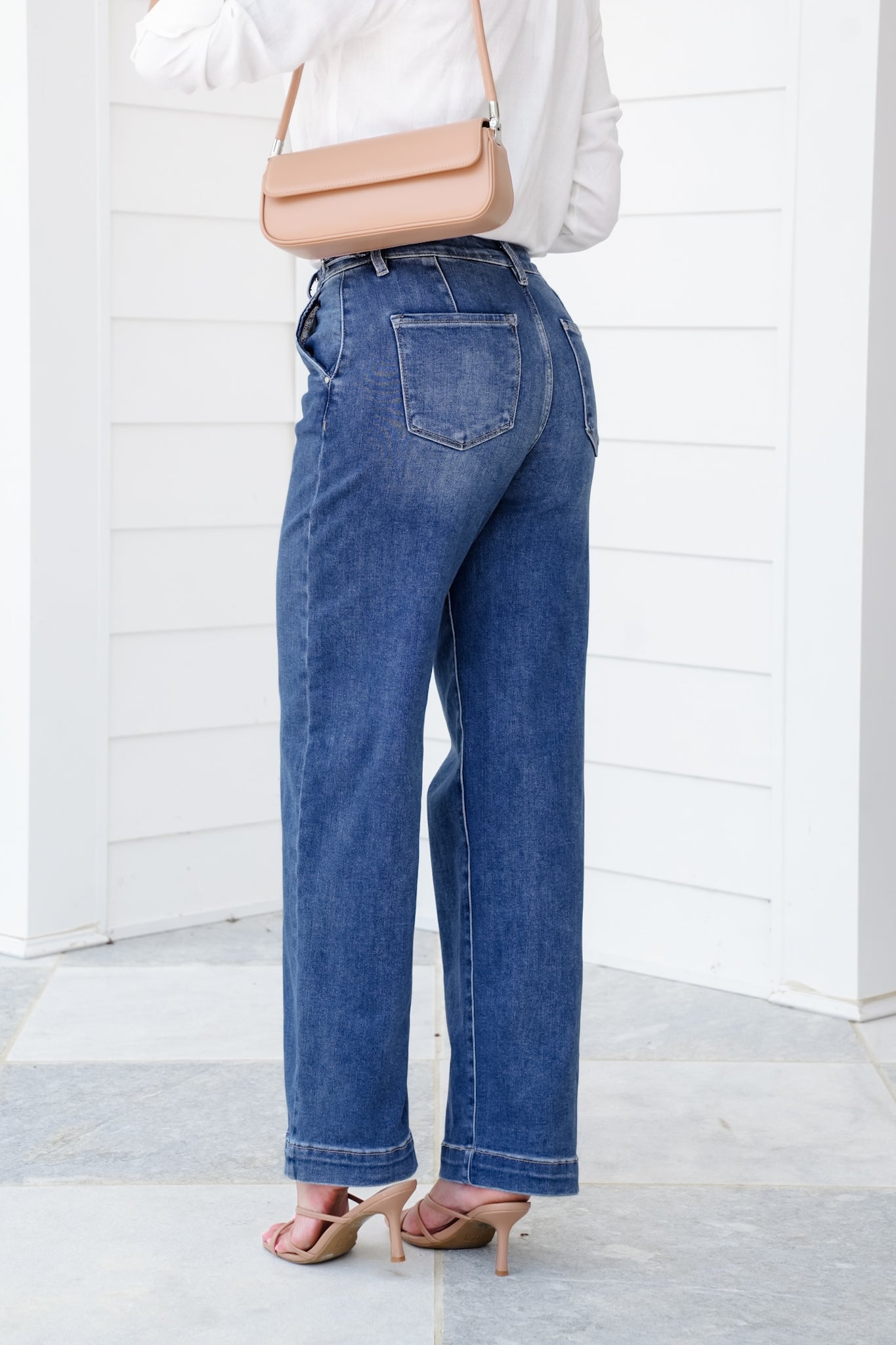 Risen High Rise Medium Wash Adjustable Waistband Wide Leg Pleated Jeans