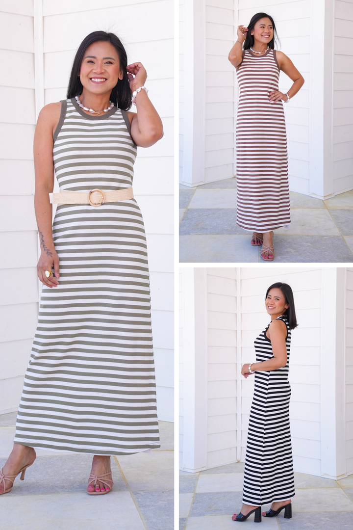 Stripe Sleeveless Thermal Knit Maxi Tank Dress
