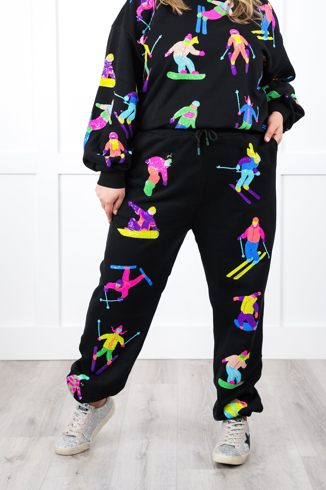 Plus/Reg Queen Of Sparkles All Over Neon Sequin Skiers Elastic Waist Joggers