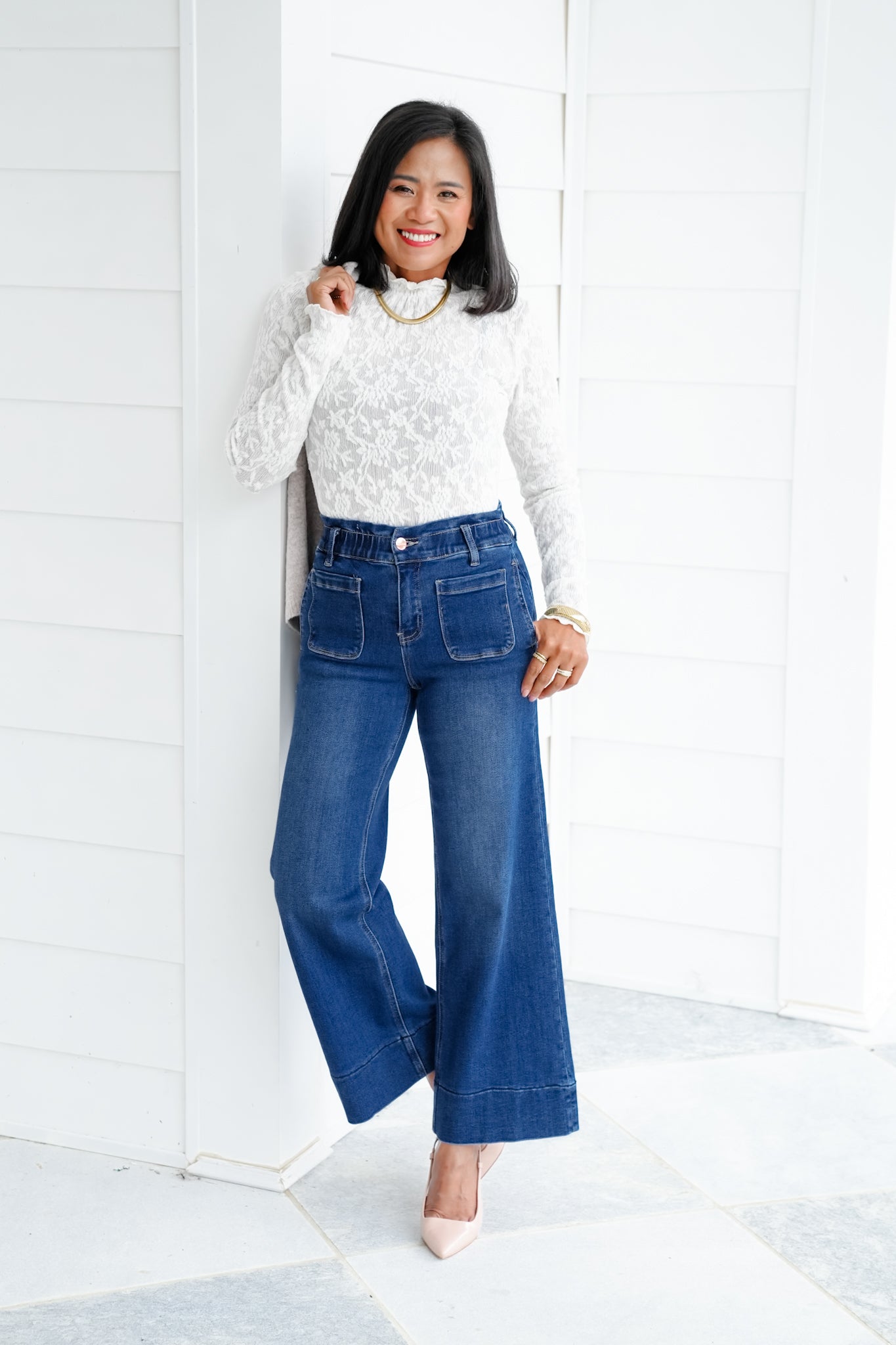 Risen High Rise Dark Wash Elastic Waistband Crop Wide Leg Jeans with Ruffle Band