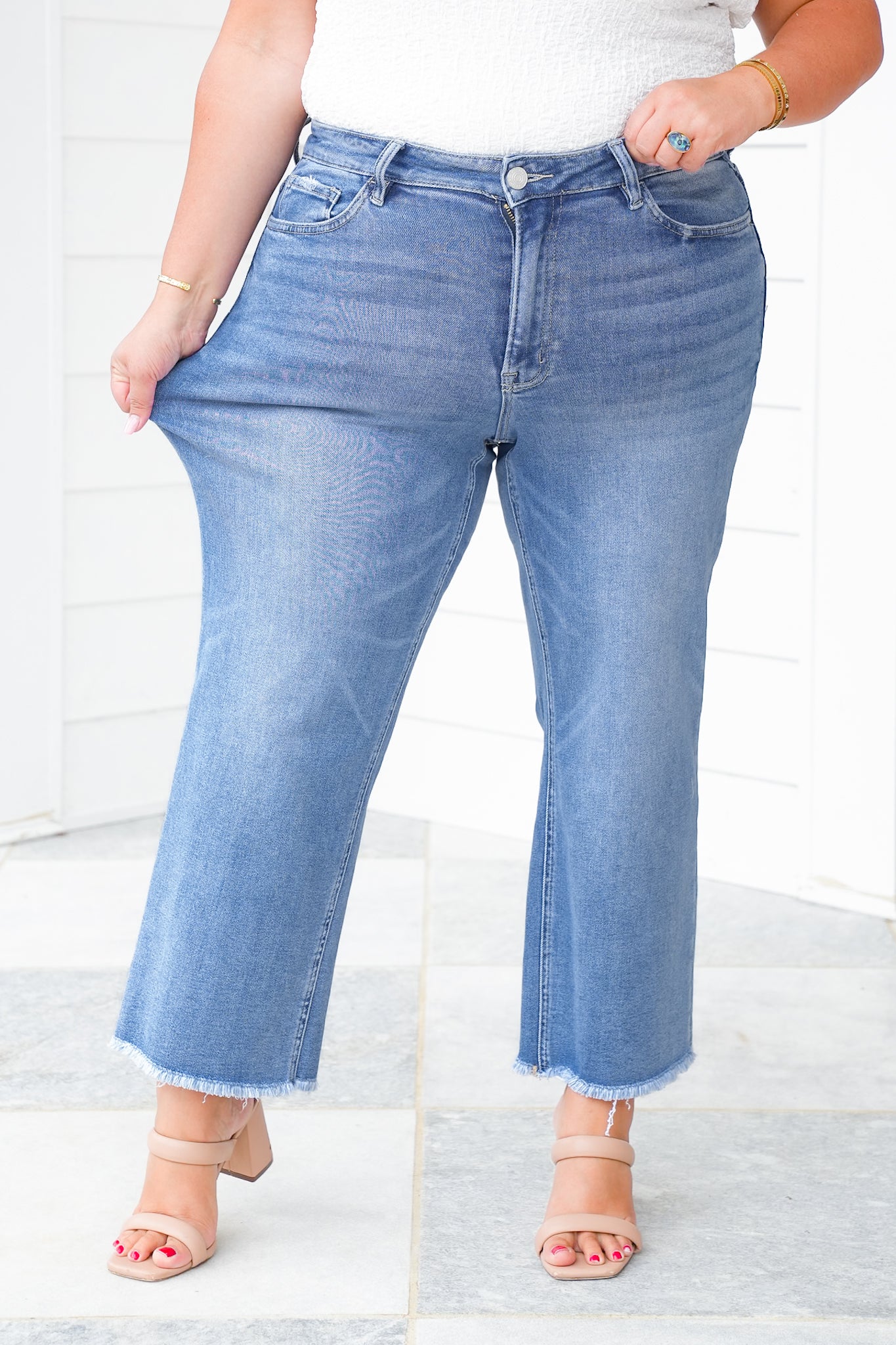 Lovervet High Rise Medium Wash Cropped Slim Wide Leg Jeans