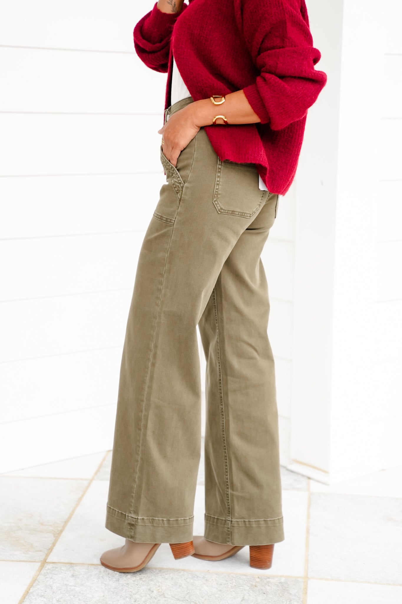 Mica High Rise Green Double Waistband Wide Leg Jeans
