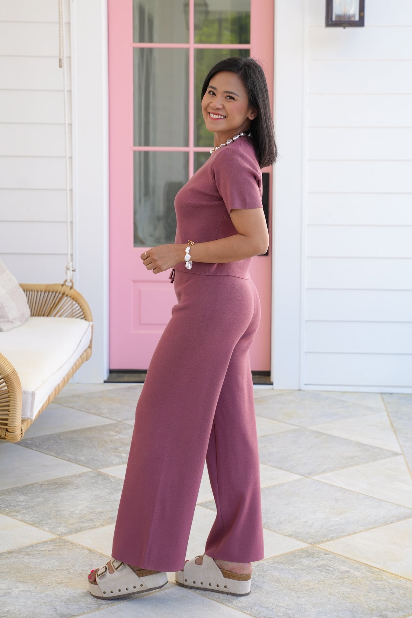 Ribbed Short Sleeve Round Neck with Elastic Waistband Pant Set