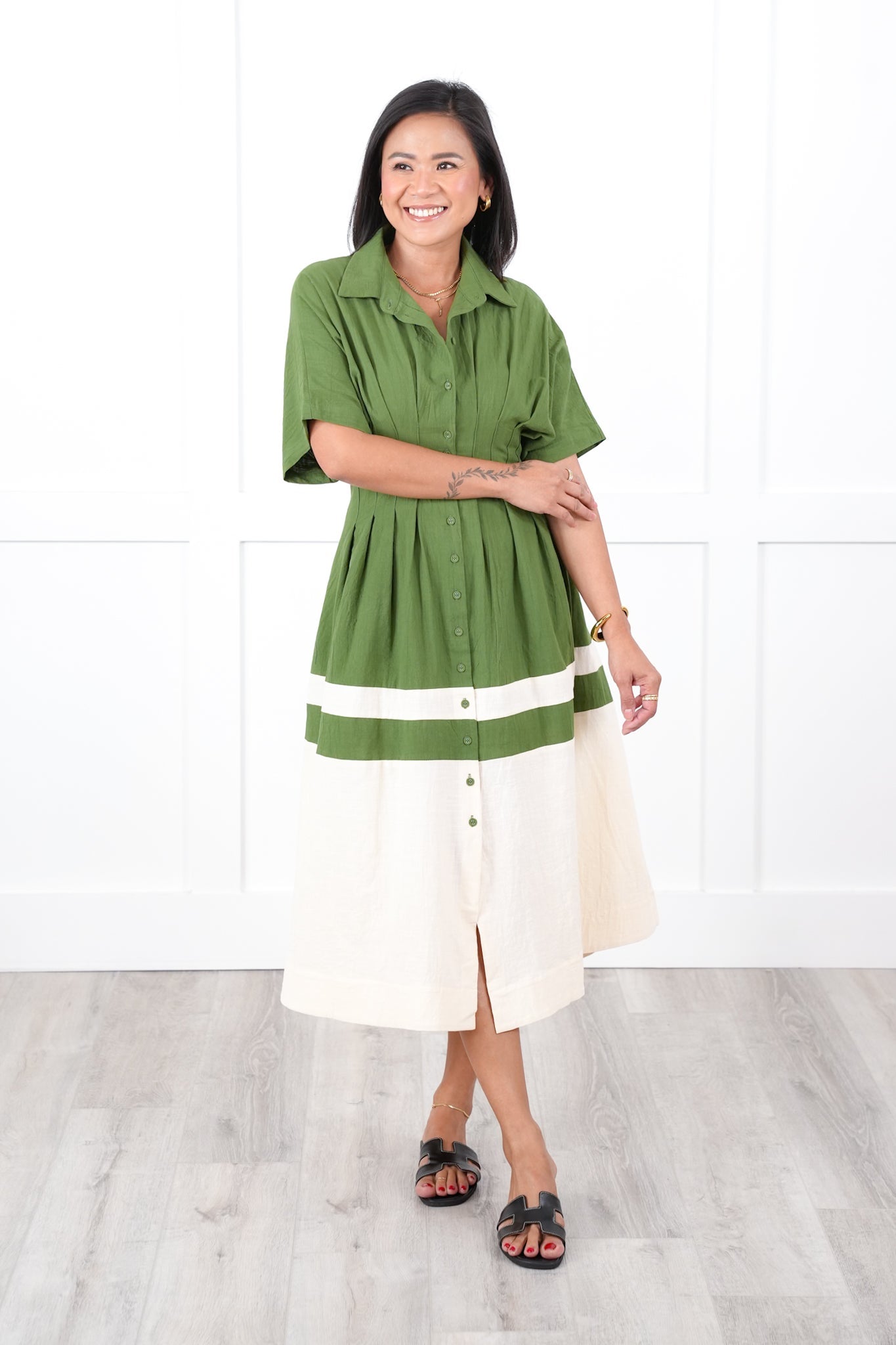 Color Block Short Sleeve Button Down Midi Dress