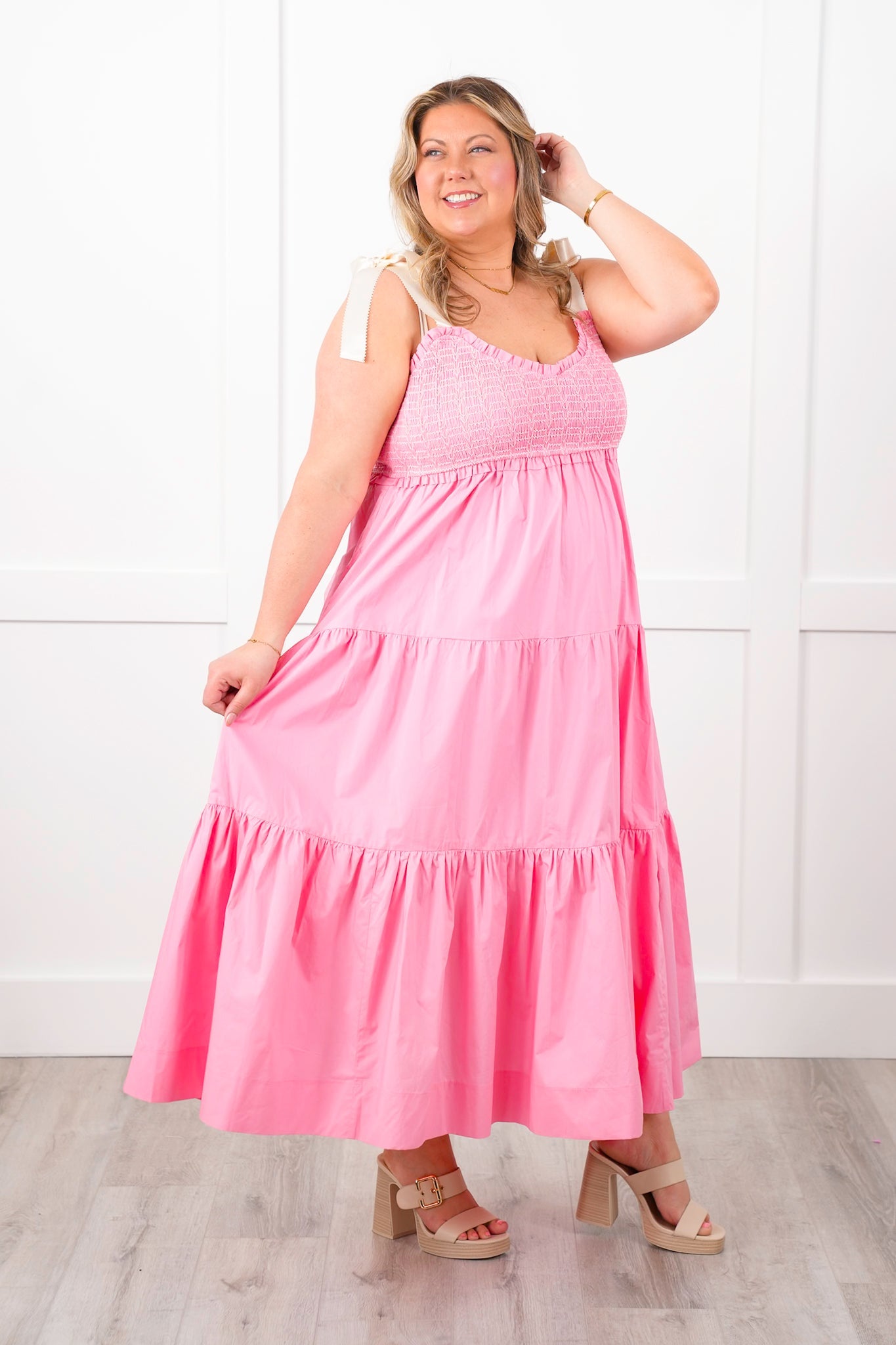 Plus/Reg Smocked Sweetheart Neckline Tiered Maxi Dress