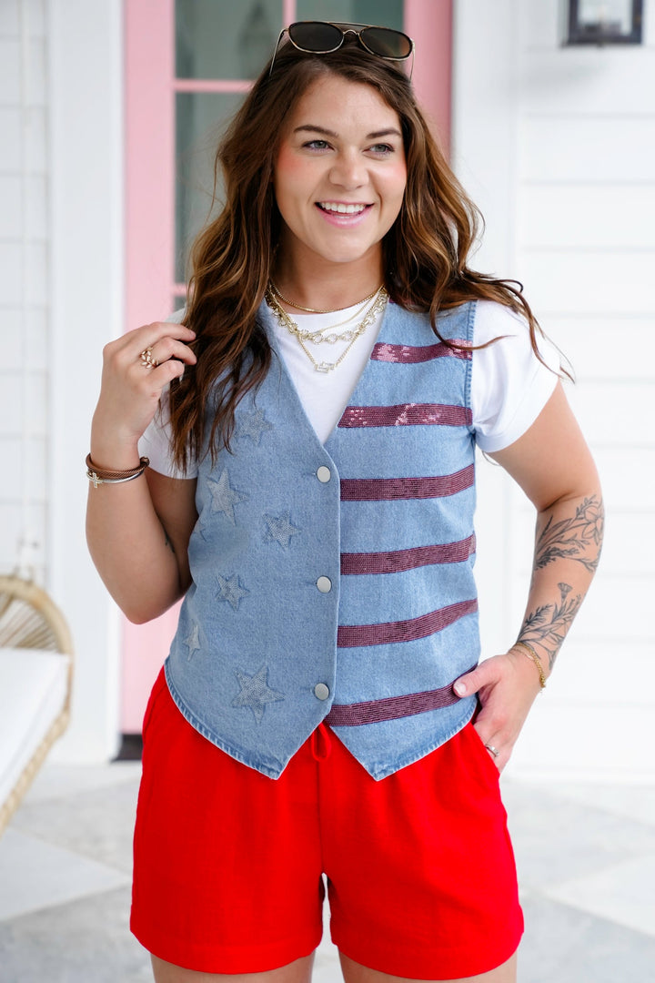 Denim Sleeveless Button Up Vest with Stars & Stripe Sequin Detail