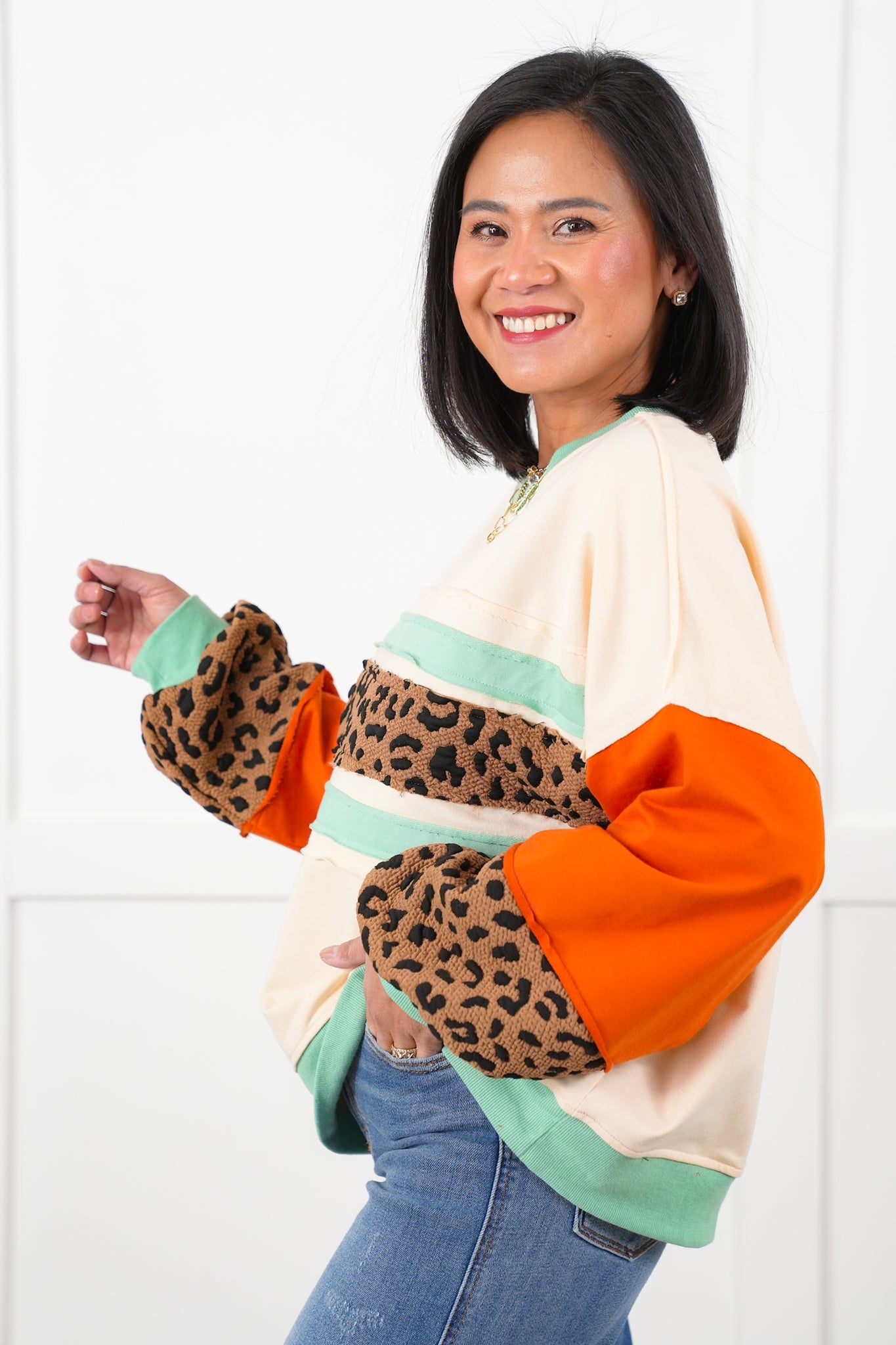 Color Block Long Sleeve Pullover Top with Leopard Detail