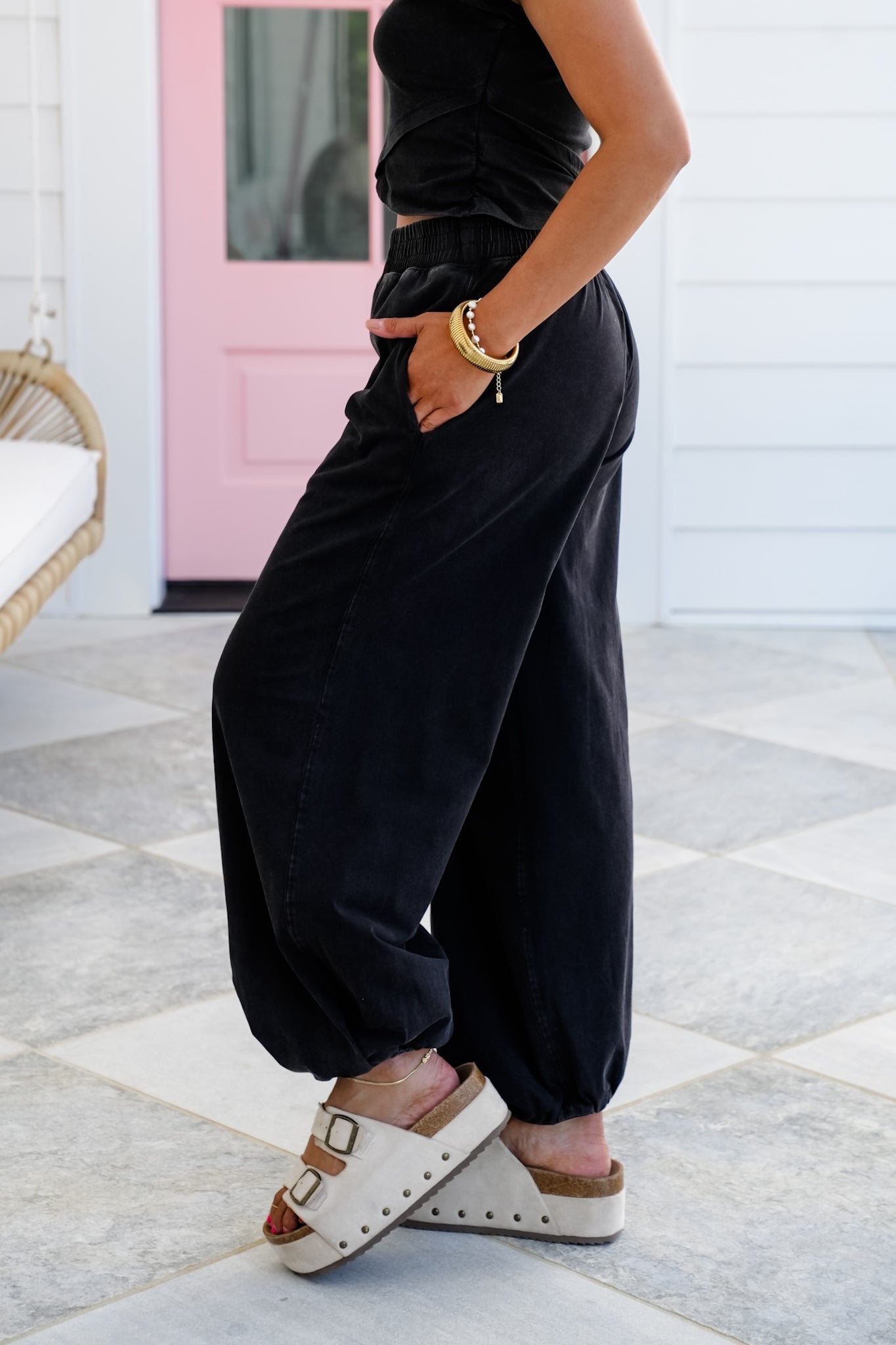 Mineral Wash Elastic Waist Jogger with Side Pockets