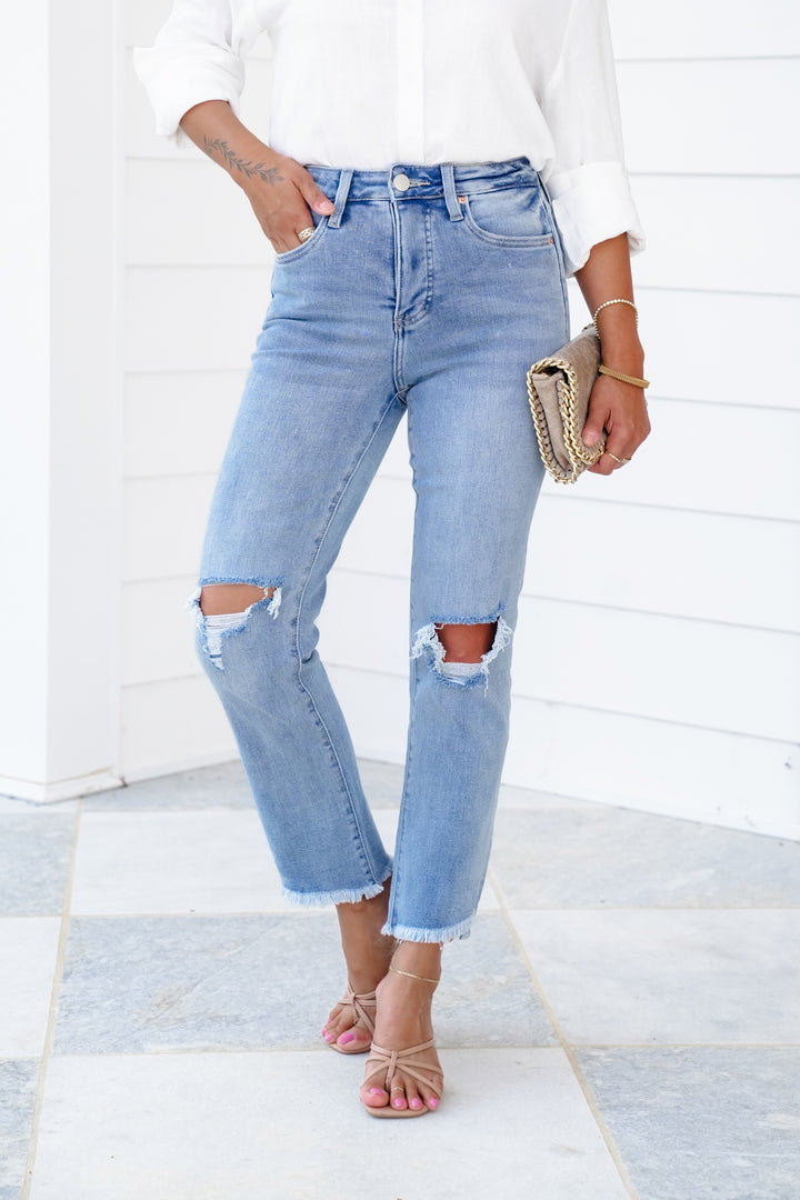 RFM High Rise Light Wash Step Fray Hem Slim Straight Leg Jeans